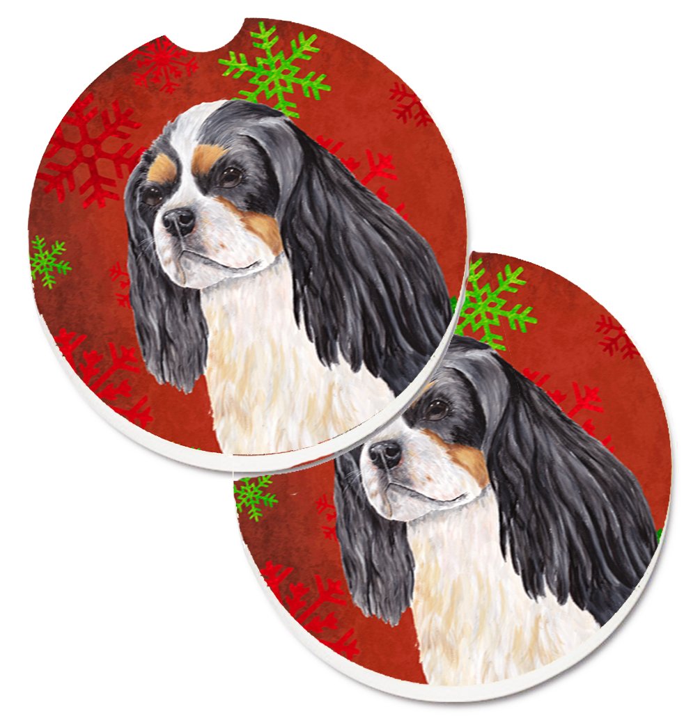 Cavalier Spaniel Red & Green Snowflakes Holiday Christmas Set of 2 Cup Holder Car Coaster