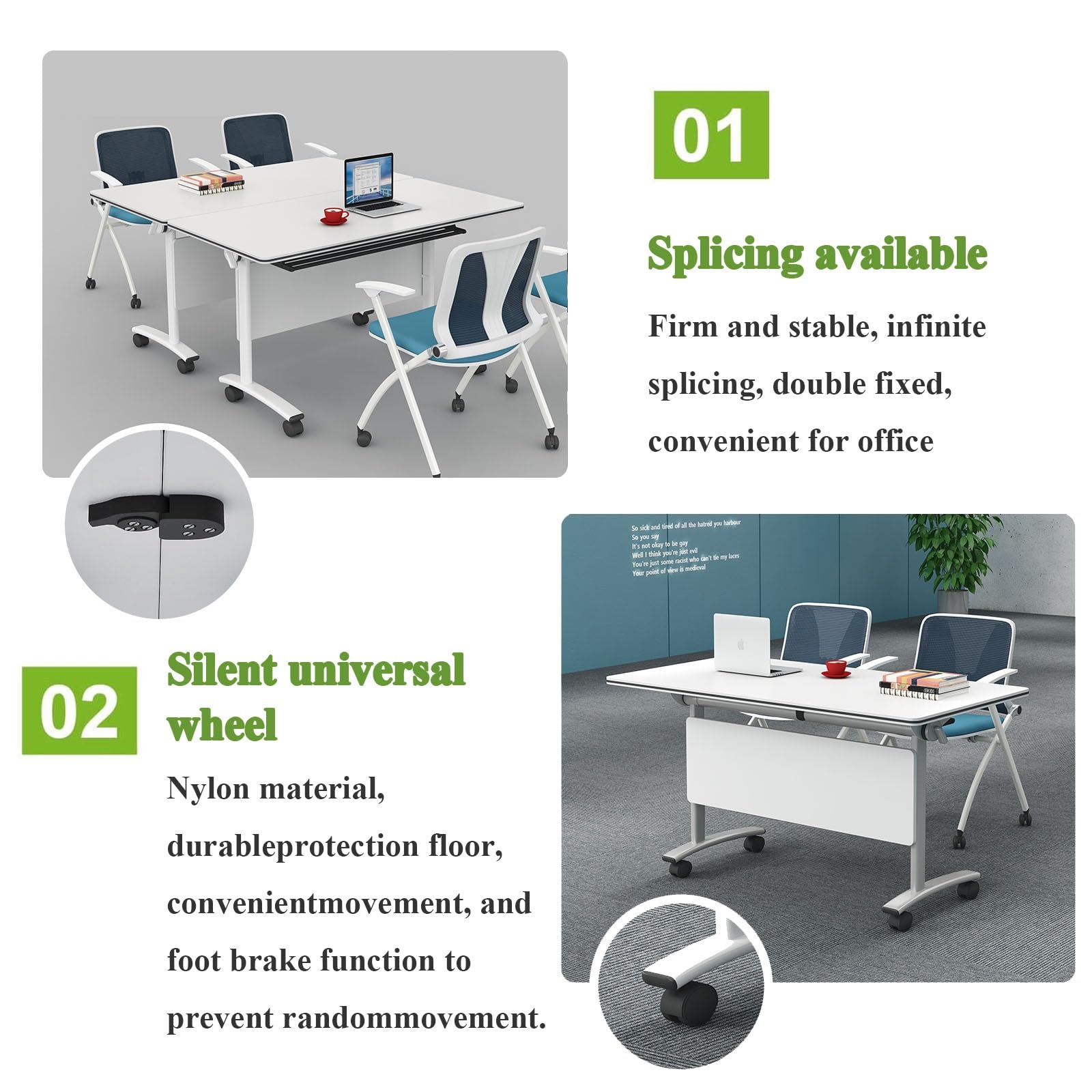 Großer klappbarer Konferenztisch mit leisen Rädern – Moderner Rolltisch für Büro – platzsparendes, tragbares Design (1 Pack)