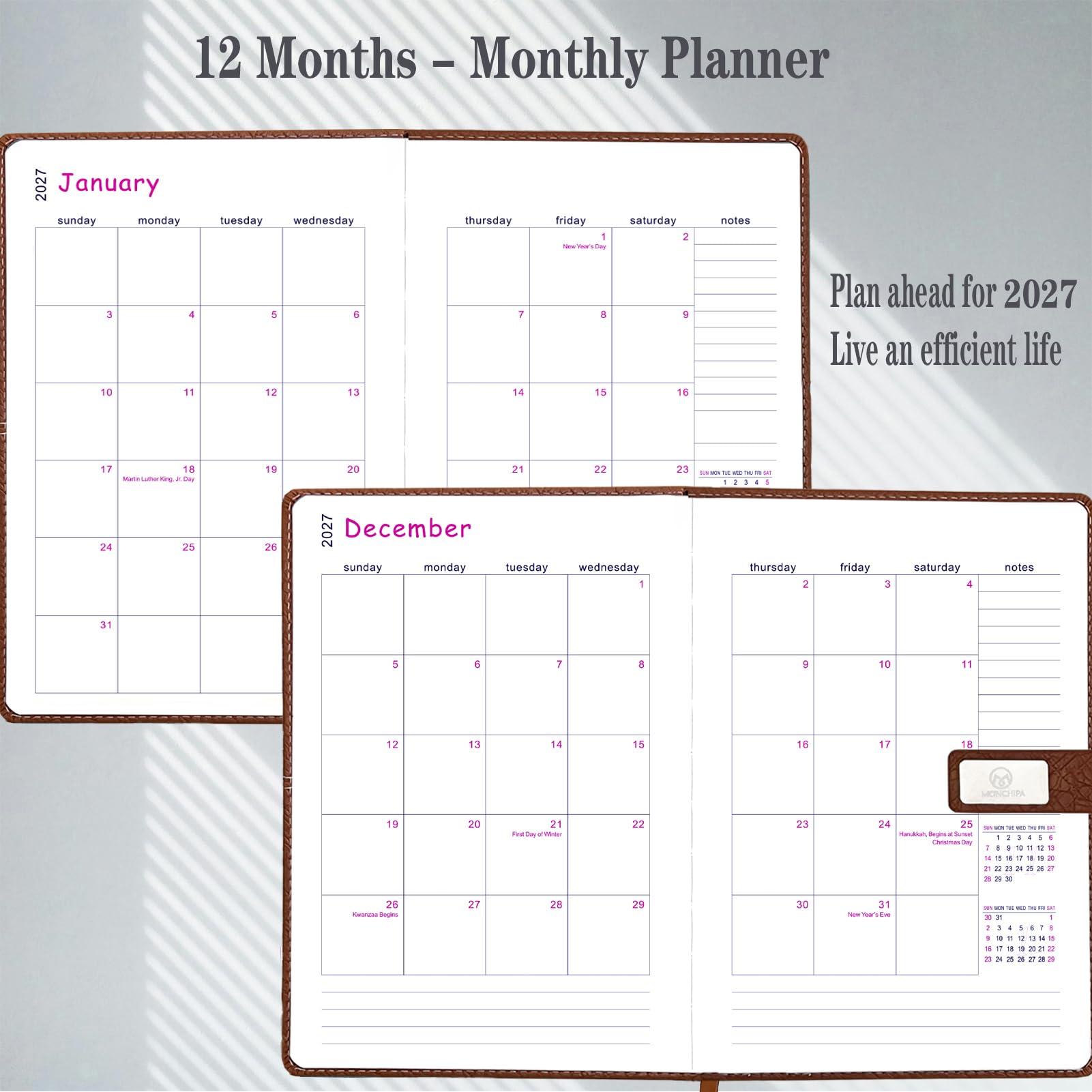 Agenda giornaliera 2027, una pagina al giorno, calendario giornaliero 2026 (gennaio-dicembre 2026), 14,5 x 21 cm, copertina in pelle + carta spessa (verde)