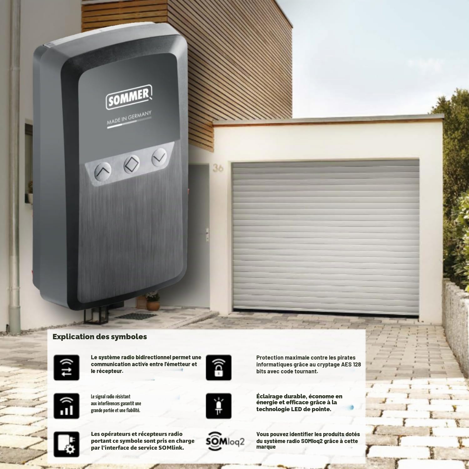 Boîtier d'amortisseur Sommer RDC Vision+ pour portes de garage à rouleaux, volets roulants, volets roulants et volets roulants. Comprend deux commandes pour ouvre-porte de garage Sommer Pearl 4018 868