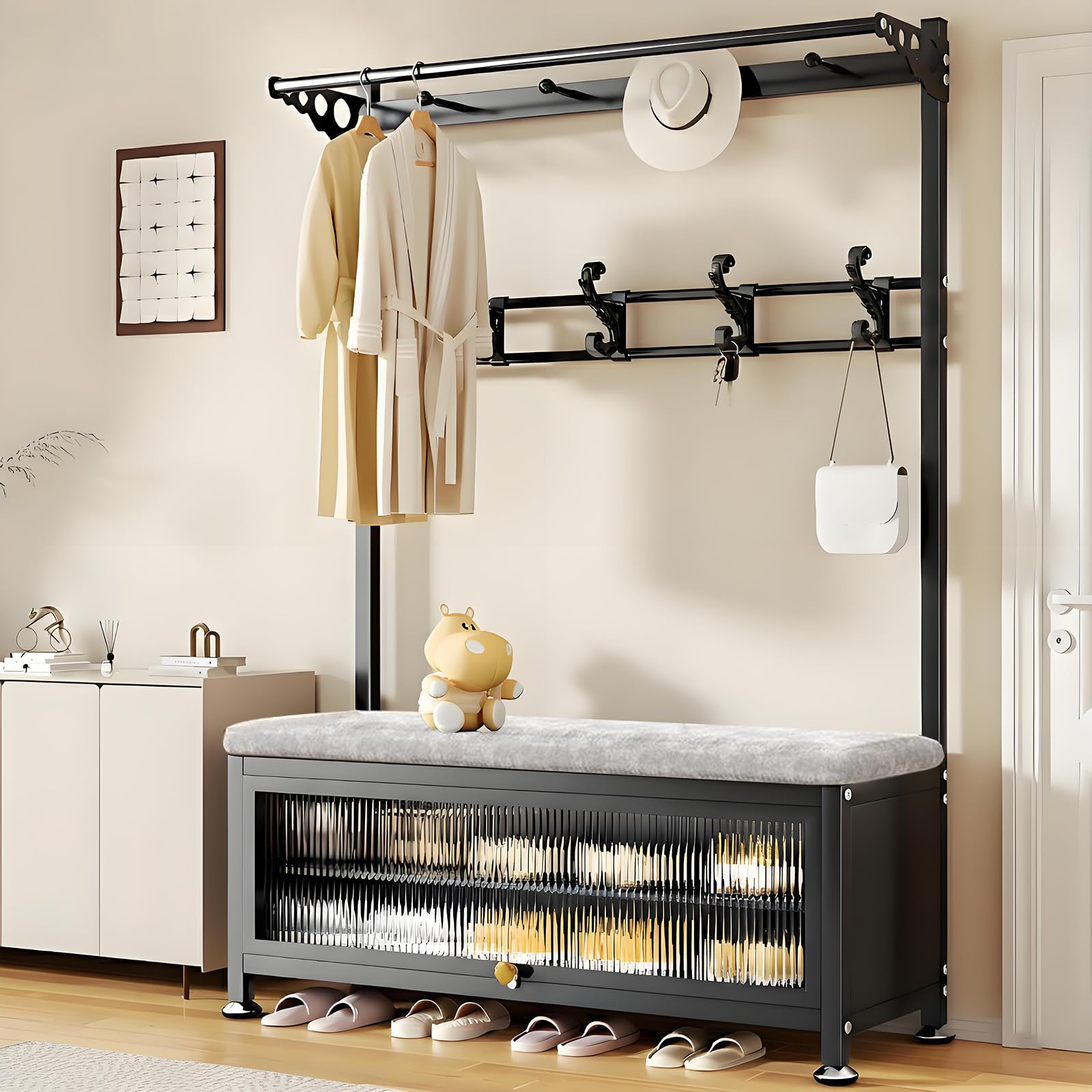 Photo 1 of GKBRSU Coat Rack with Shoe Storage and Bench for Entryway, Freestanding Metal Hall Tree with Storage and Hooks, Organizer for Hallway, Bedroom, Living Room, Black 31.5×14.2×67.7 in