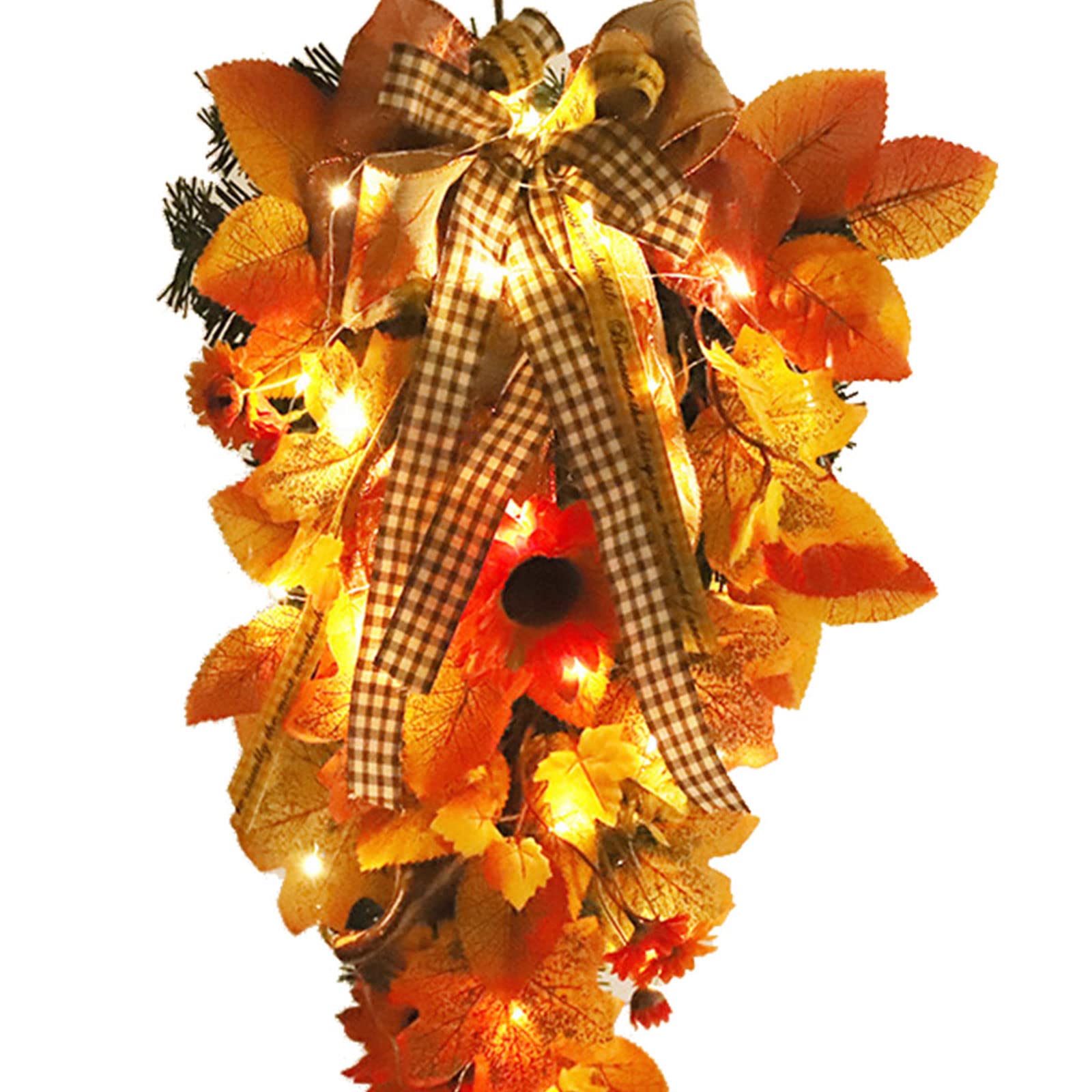 BestAlice Fall Swag Thanksgiving Wreaths For Front Door, 55cm Fall Maple Swag, Autumn Sunflower Swag Harvest Swag For Autumn Home Decoration, With Lights