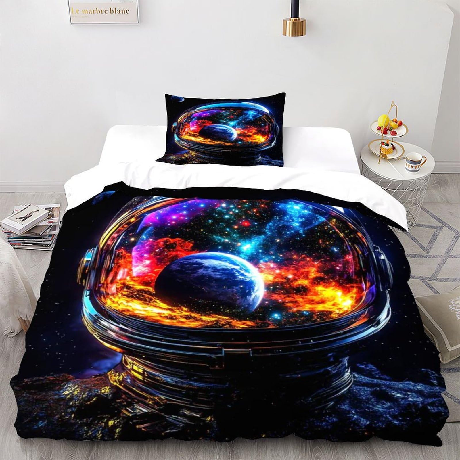 Astronaut Helmet Bedding Set 3D Design Space Theme Duvet Cover Set Microfiber Quilt Cover Universal for All Seasons with Pillowcase Single（135x200cm）
