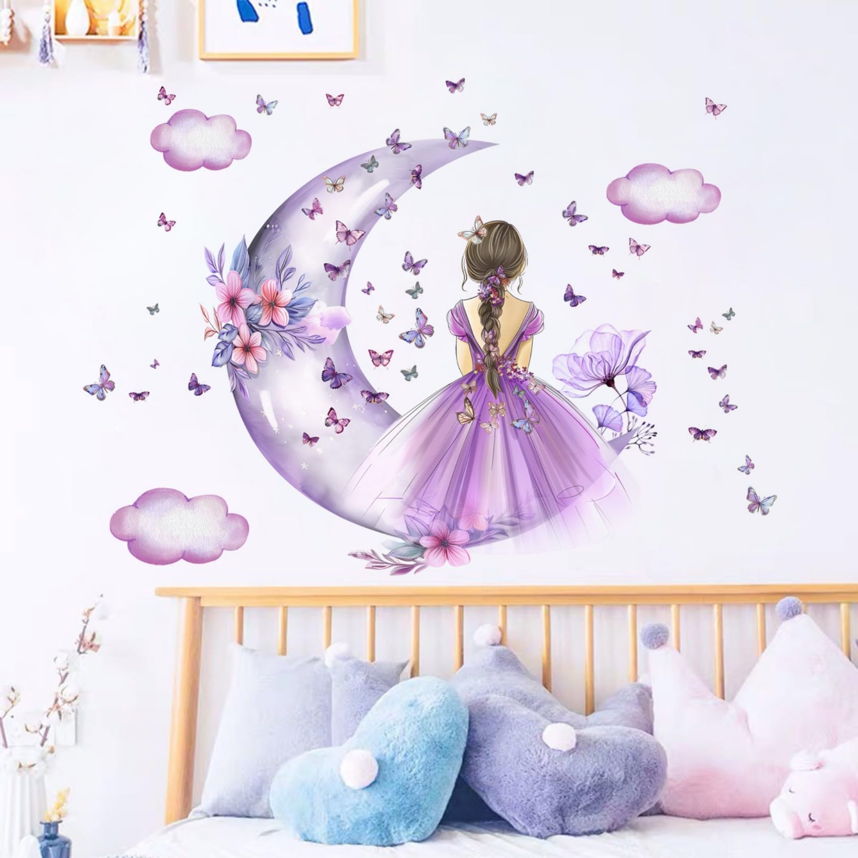Lekabee Butterfly Girl Wall Sticker,Moon Clouds Flower Fairy Wall Decal,Floral Wall Mural Butterflies Wall Art for Girls Baby Nursery Bedroom Playroom-Purple - Image 3