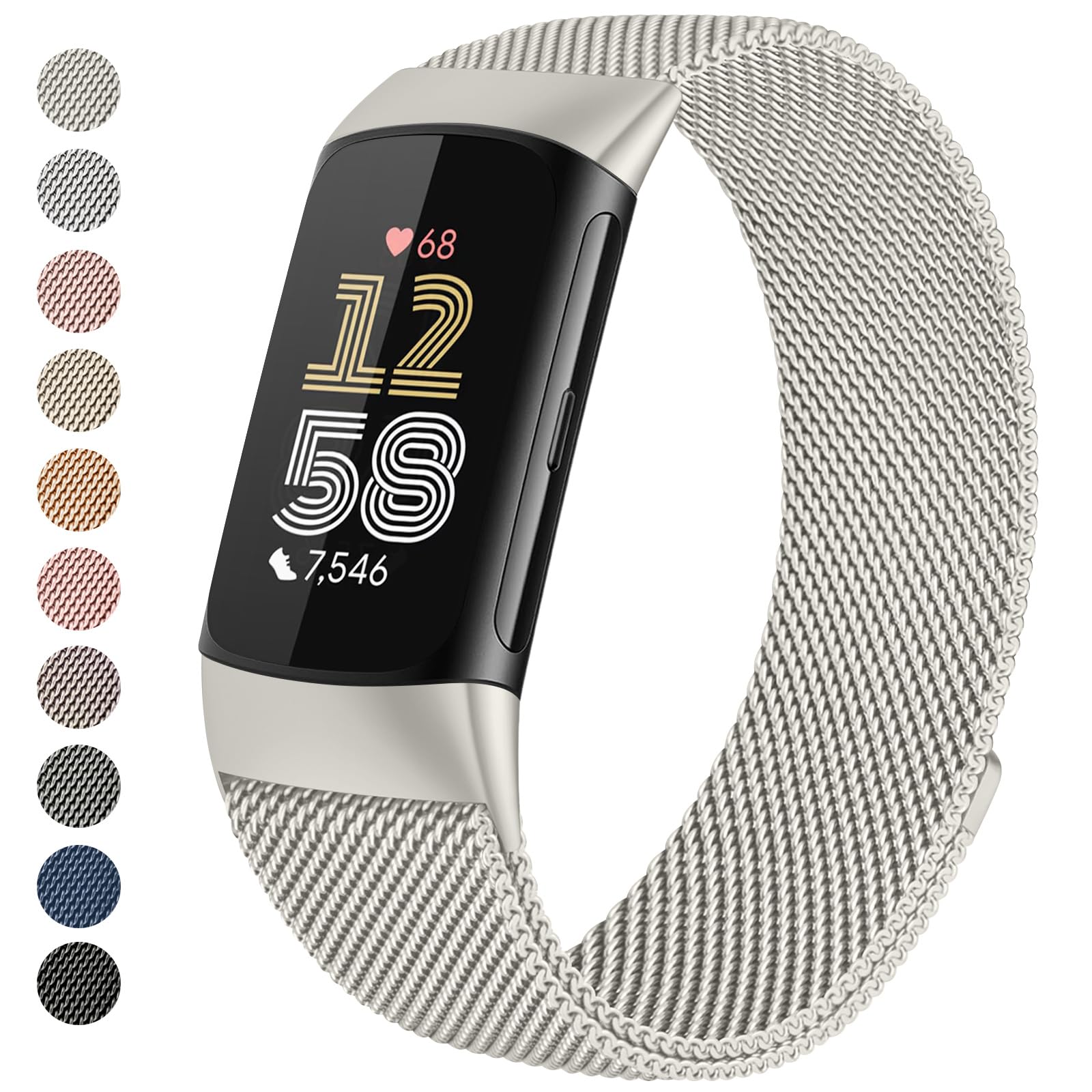 Zoye Metal Strap Compatible with Fitbit Charge 6 Strap for Women Men, Adjustable Stainless Steel Mesh Loop Replacement band with Magnetic clasp for Fitbit Charge 6 (Starlight)