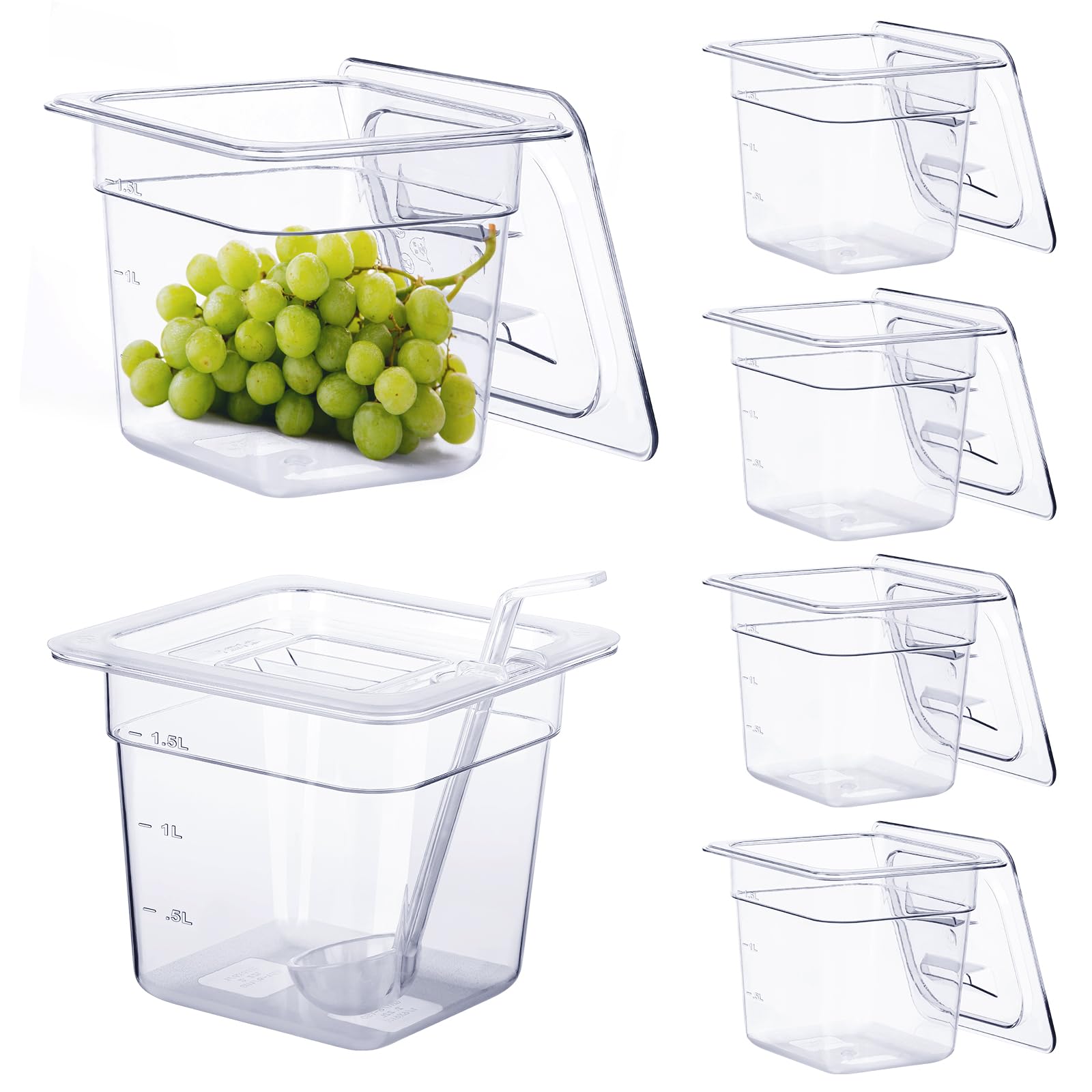 Confezione da 6 padelle per alimenti in plastica con coperchio, dimensioni 1/6, 15,2 cm, contenitori per alimenti da ristorante, impilabili, in policarbonato trasparente, per hotel, con 1 cucchiaio di