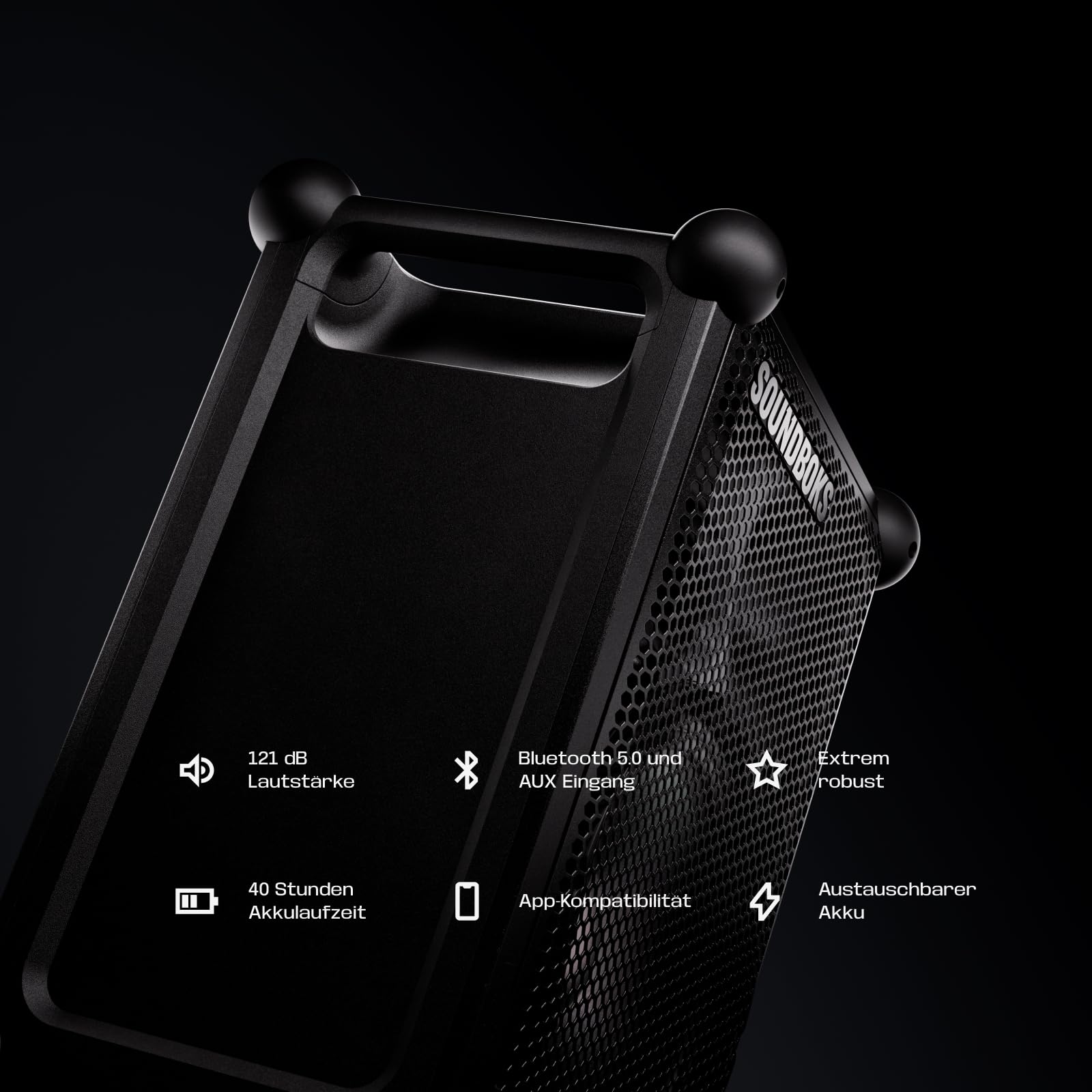 SOUNDBOKS Mix – Tragbarer Bluetooth-Lautsprecher – Robust & Wetterfest (IP65) – USB-C Akku – Extrem Laut – 121dB – Indoor & Outdoor Speaker – 40 Stunden Laufzeit – (Schwarz)