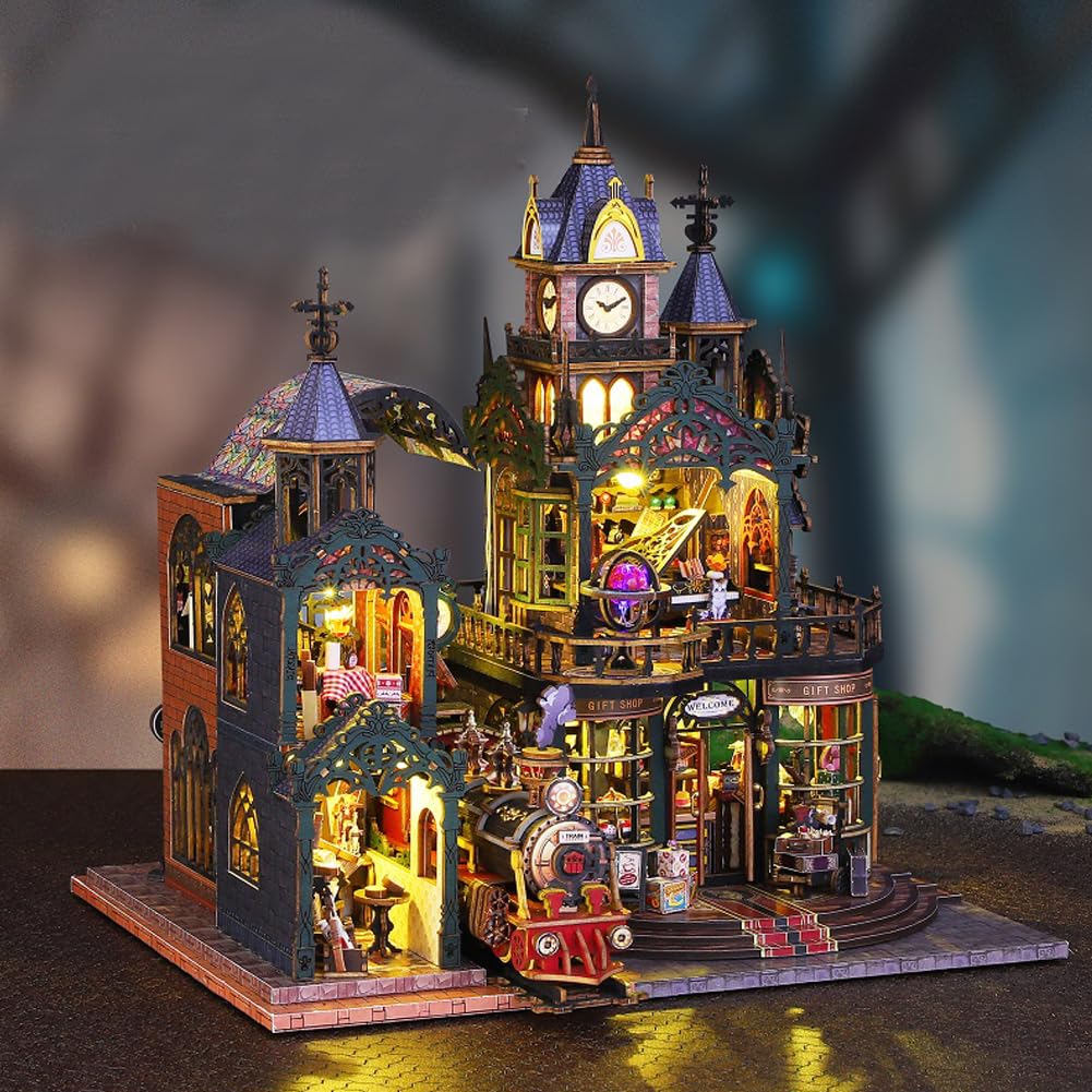 Miniaturowy zestaw do samodzielnego wykonania, drewniany domek dla lalek z osłoną przeciwpyłową LED i ruchem muzycznym, kreatywny prezent dla chłopców i dziewcząt lub przyjaciół (z osłoną