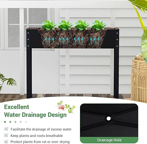 Miniatura 4 de Giantex Cama de jardín elevada, maceta de metal con patas, orificio de drenaje, caja de jardín elevada para interiores y exteriores, para verduras,