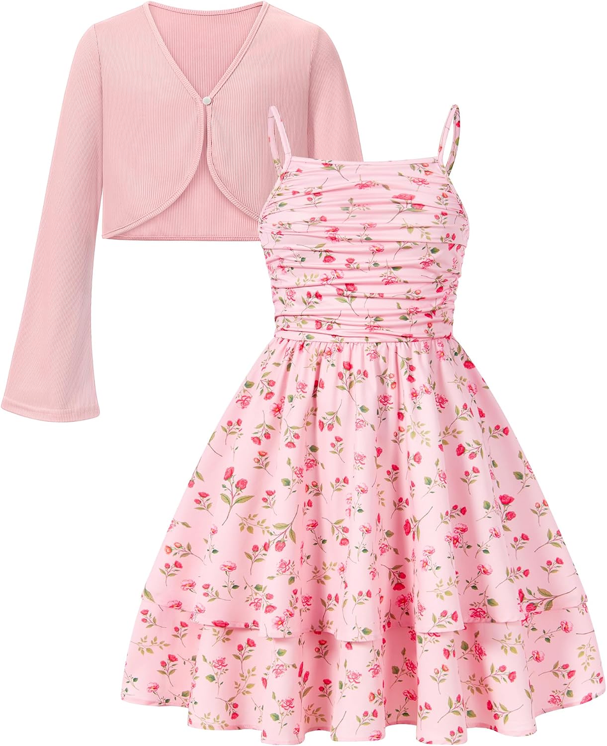 ALISISTER Girls Floral Dresses Size 8-16 Girl Double Layer Dress with Flare Sleeve Cardigan