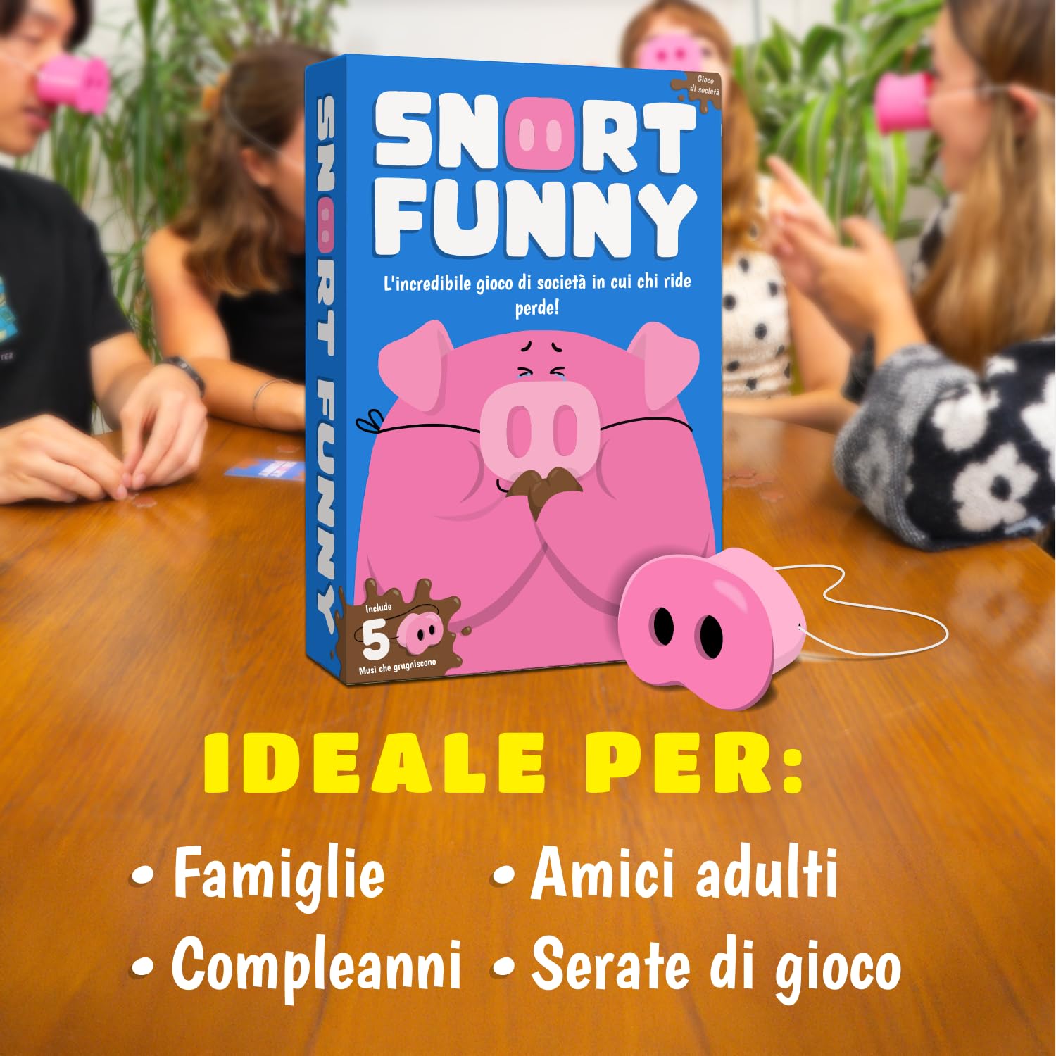Snort Funny - Chi Ride Perde - Giochi Da Tavolo Adulti e Bambini - Con 150 Carte Sfida, 5 Musetti Di Maiale E Gettoni - Divertente Gioco Da Tavolo Per Tutta La Famiglia - Da 4-8 Giocatori - Età 8+