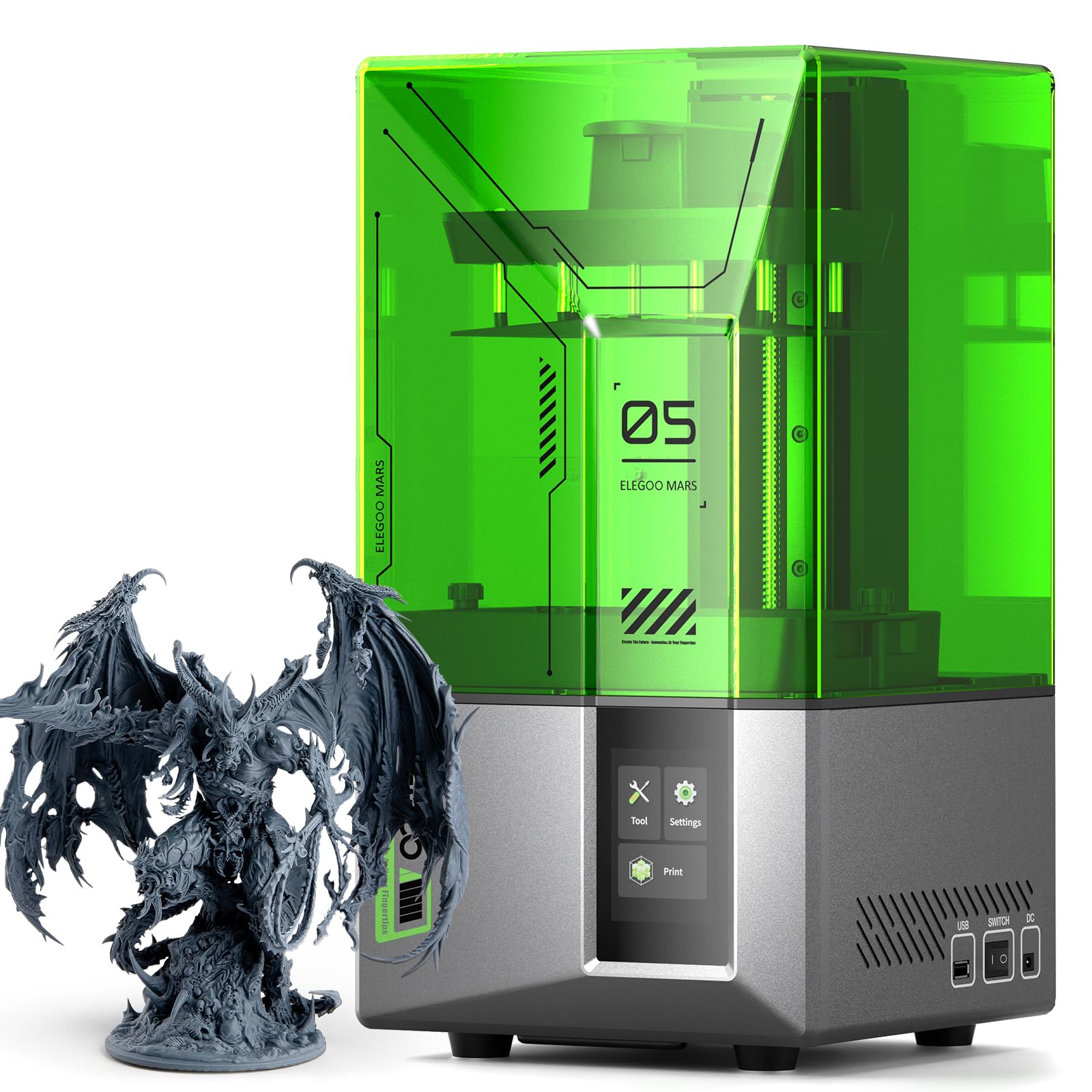 ELEGOO Mars 5 Imprimante 3D Résine, avec Écran LCD Monochrome 4K de 6,6 Pouces, Protection Contre la Surchauffe, Capteur Mécanique Intelligent, Taille d'impression de 143,43x89,6x150 mm³