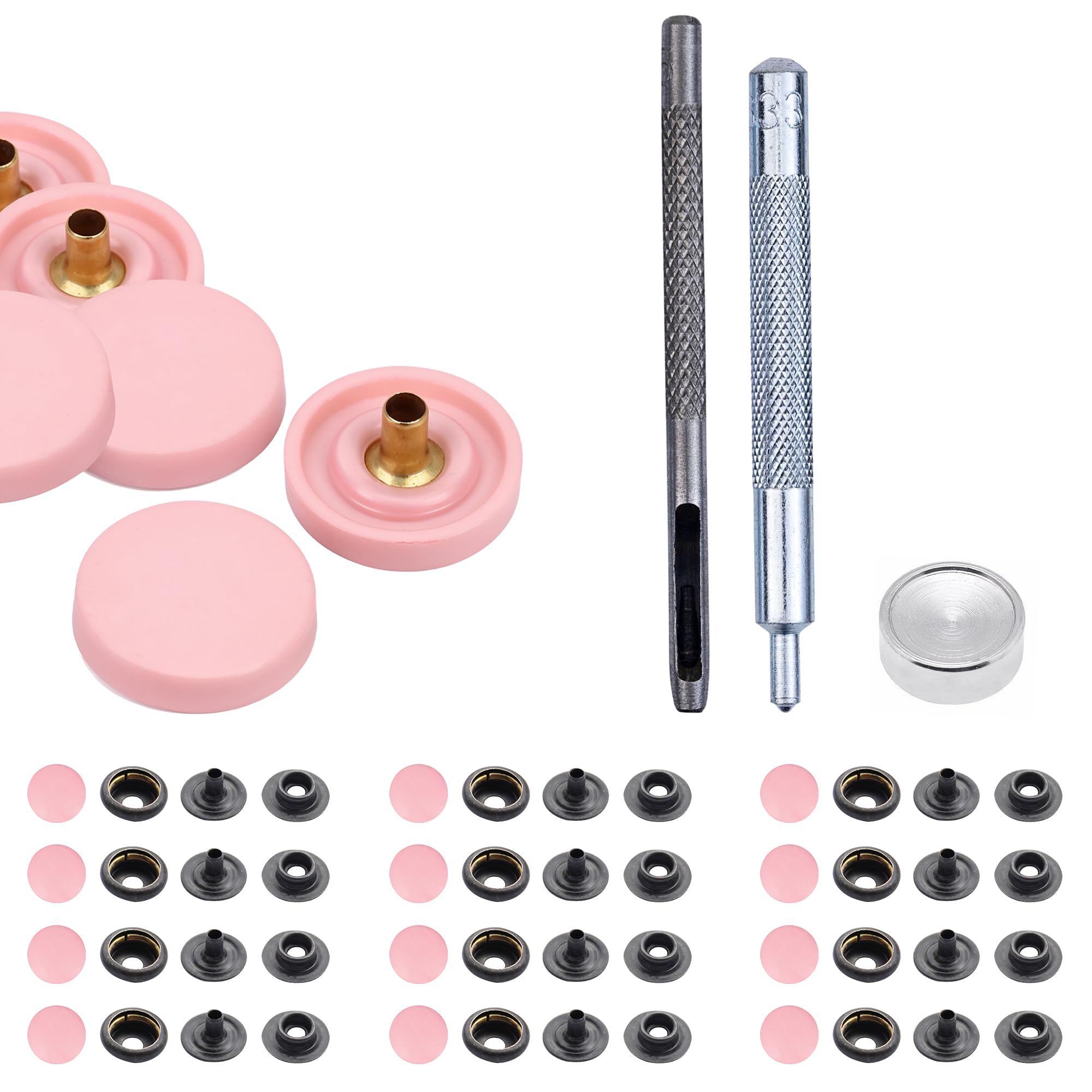 Trimming Shop 15mm Press Studs Snap Fasteners Plastic Cap with Black Metal Back Snaps, No-Sew Snap Buttons with Fixing Hand Tool Set for DIY Leathercrafts, Jackets, Handbag, Rose Gold, 50pcs Set