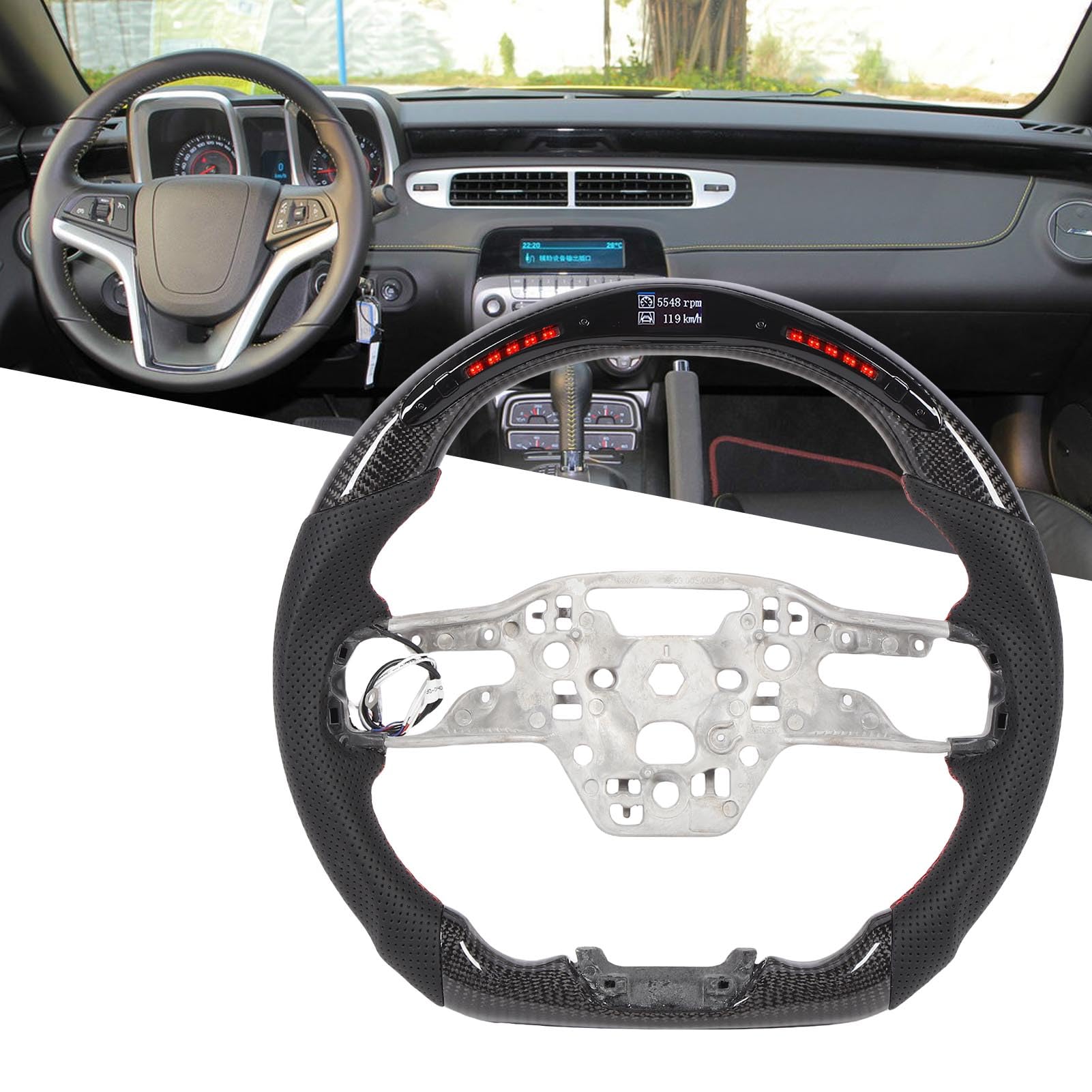 Rueda de volante de fibra de carbono real vacía con más de 20 datos de conducción y luces de giro personalizadas RGB para rendimiento de riel