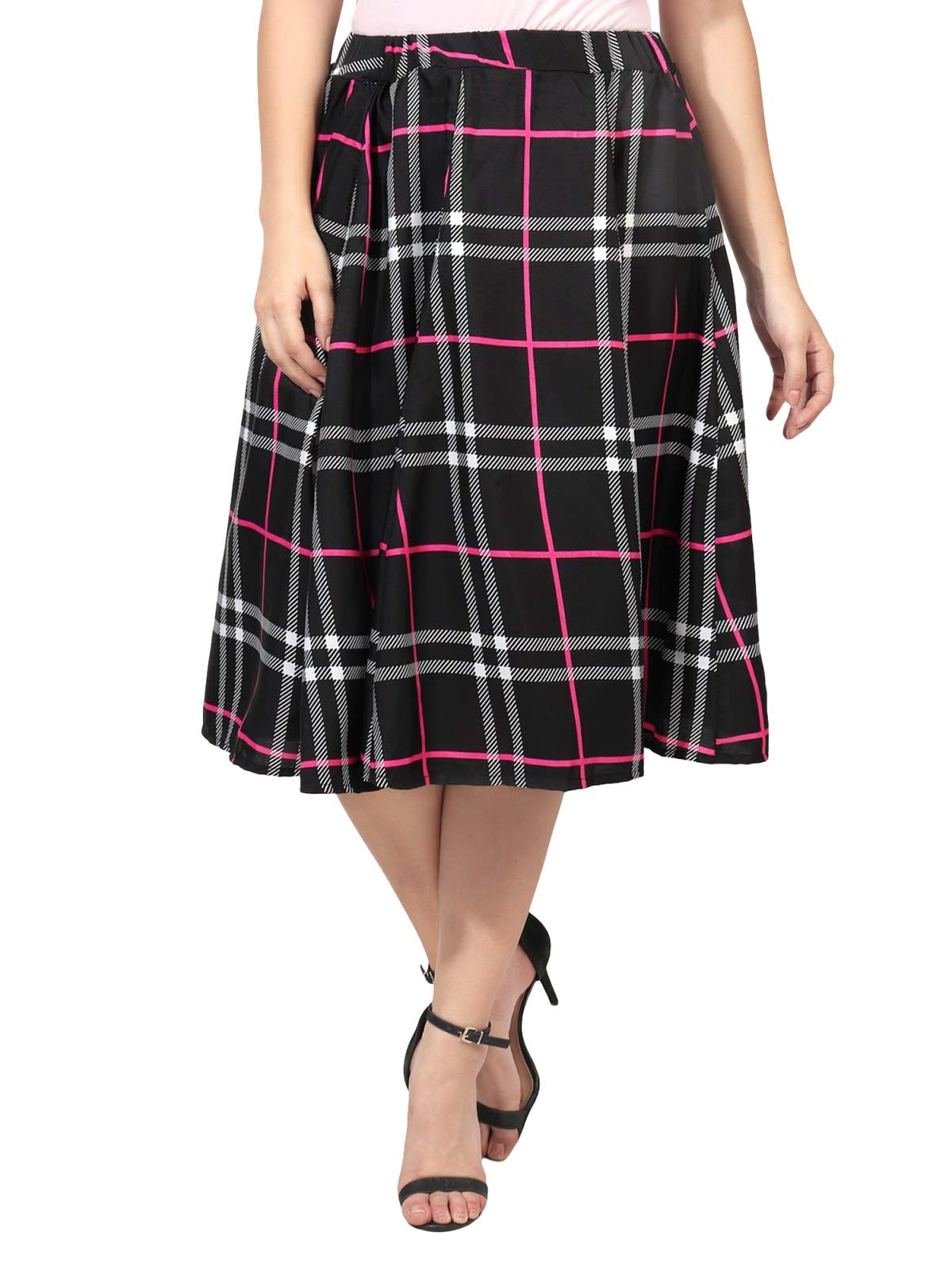 Navaksha Women's Casual High Elastic Waist Check Design Pleated Polyester Skirts Mid Calf Length Skirt
