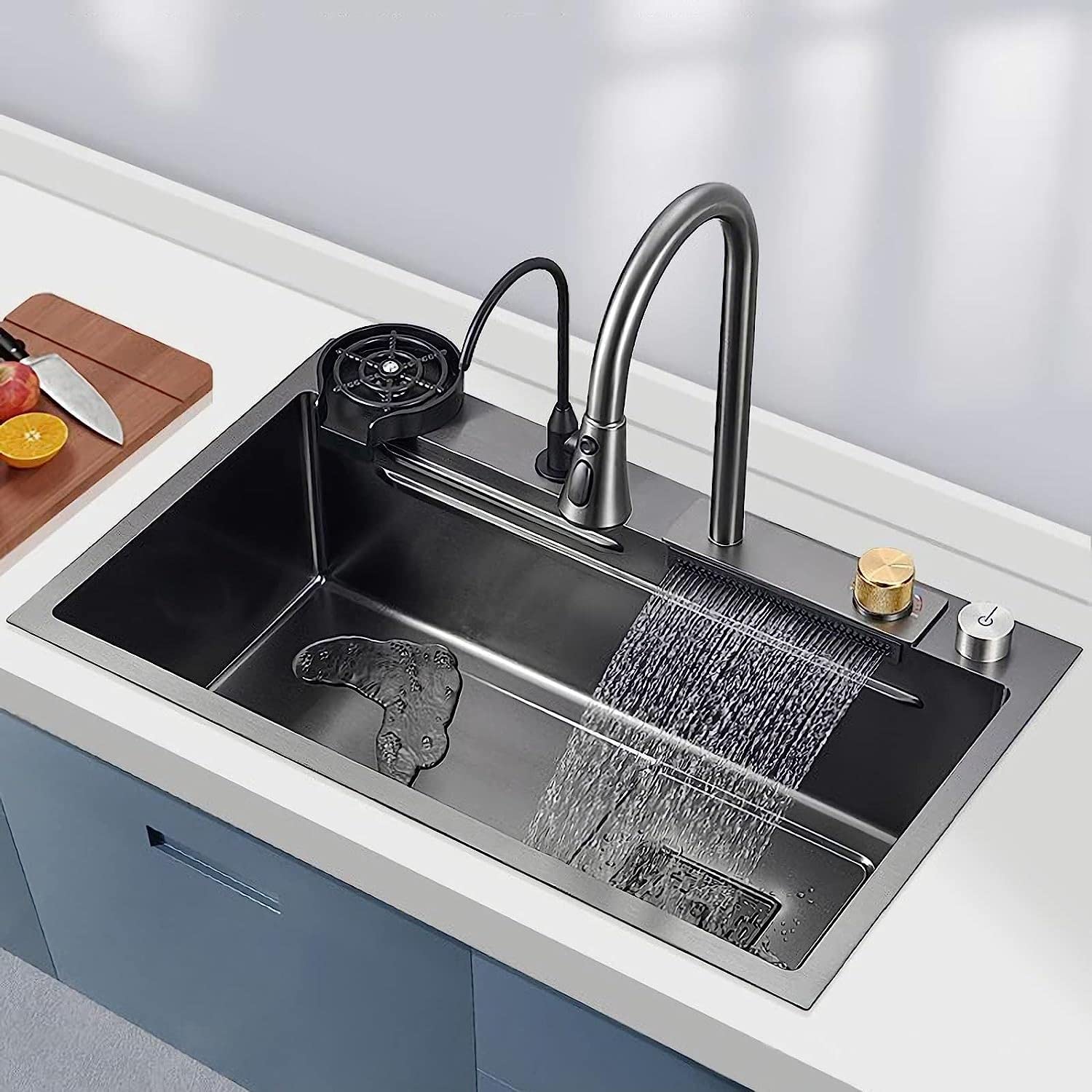 WBJGUOD Stainless Steel Waterfall Sink,Drop-in Undermount Utility Sinks Installation with Cup Washer Kitchen With Pull-down Faucet,for Laundry Bar (Size : 68 * 45cm)