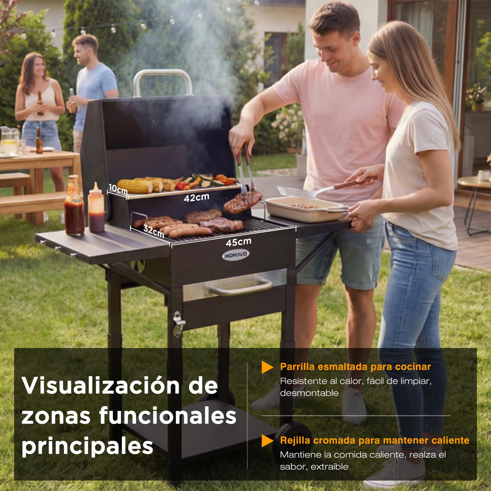 HOMAVO Barbacoa de Carbón, Parrilla con Tapa de Acero de 45×32 cm, Bandeja Ajustable en Altura, Mesa Lateral, Termómetro — view 4