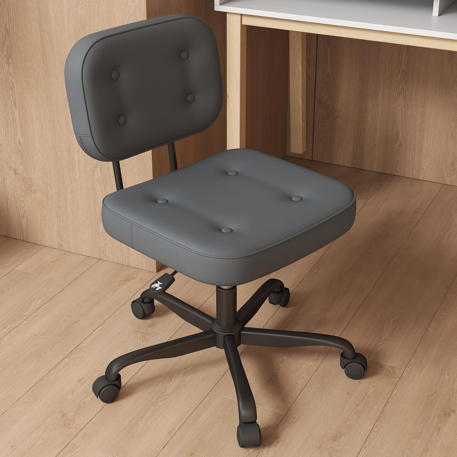 AnyGod Armless Desk Chair for Home Office, Compact Swivel Task Seat with Adjustable Height & Wheels, Ergonomic Low Back Computer Chair for Small Spaces, Study & Dressing Tables, Grey PU Leather