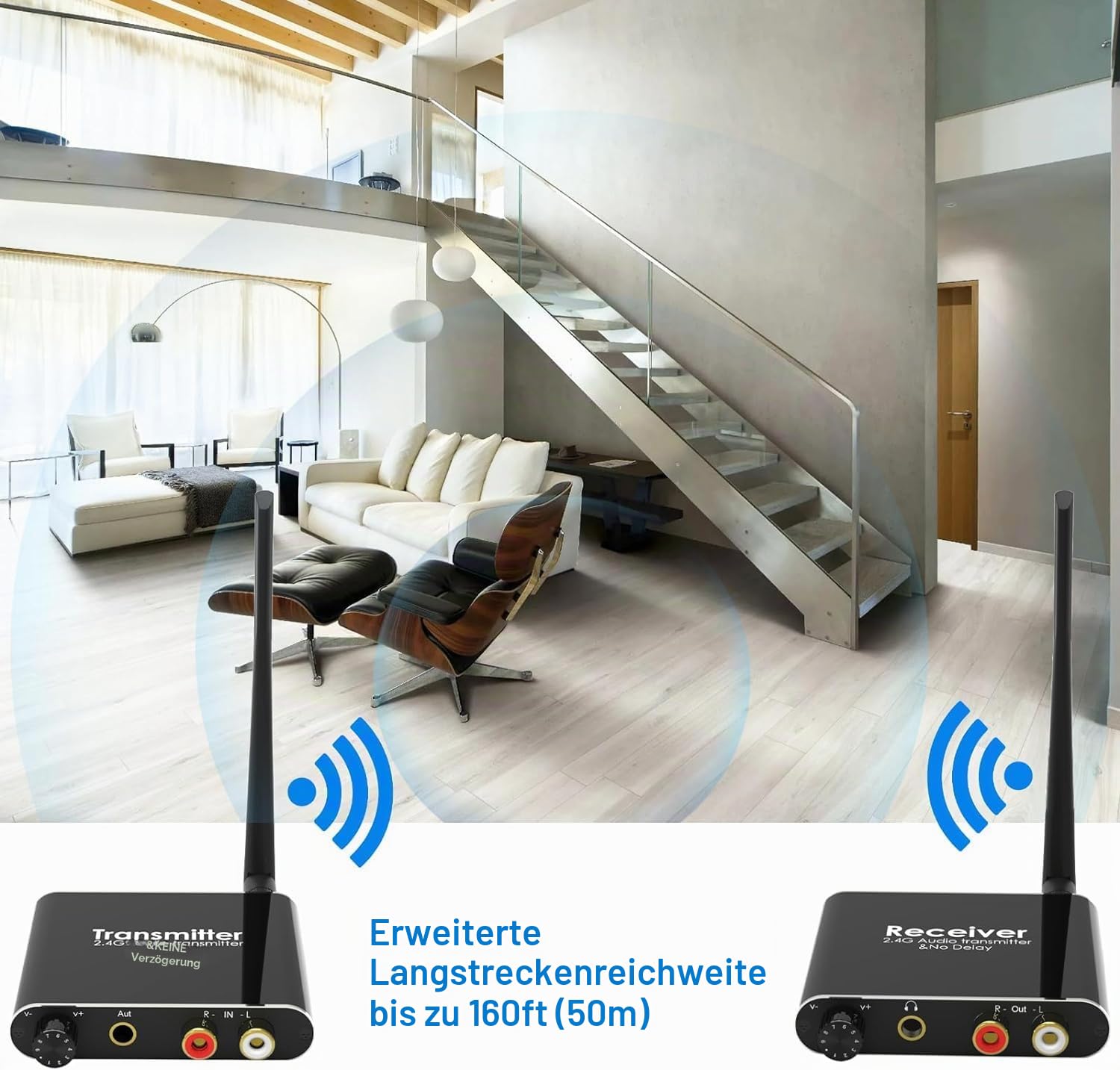 eppfun Drahtlos Audio Sender Empfänger, 24bit/192kHz HiFi Stereo Transmitter and Receiver Kit, 12,5ms Low Latency für TV/PC zu Lautsprecher/CD Player/Amp, Cinch & 3,5 mm Klinke Ausgang/Eingang