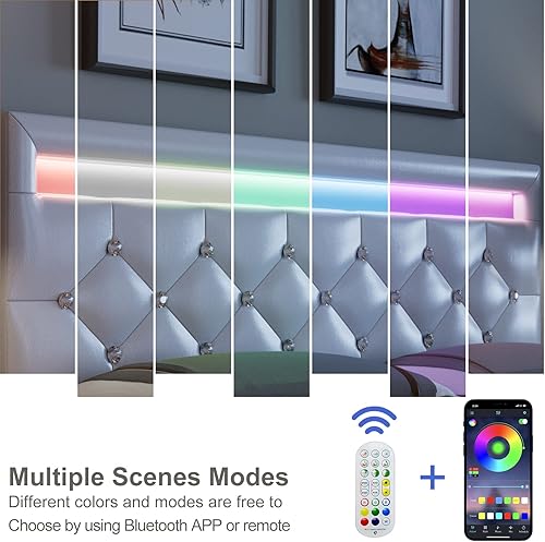 Miniatura 12 de Keyluv Moderno marco de cama Queen tapizado con luces LED, base de cama de piel sintética de bajo perfil, cabecera capitoné ajustable con botones de