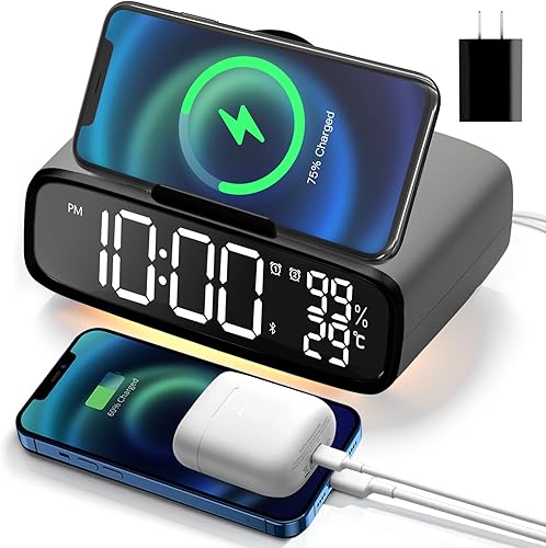 Miniatura 1 de U-Trak Reloj despertador digital con carga inalámbrica de 15 W, reloj despertador de cabecera con puerto USB, reloj despertador con altavoz