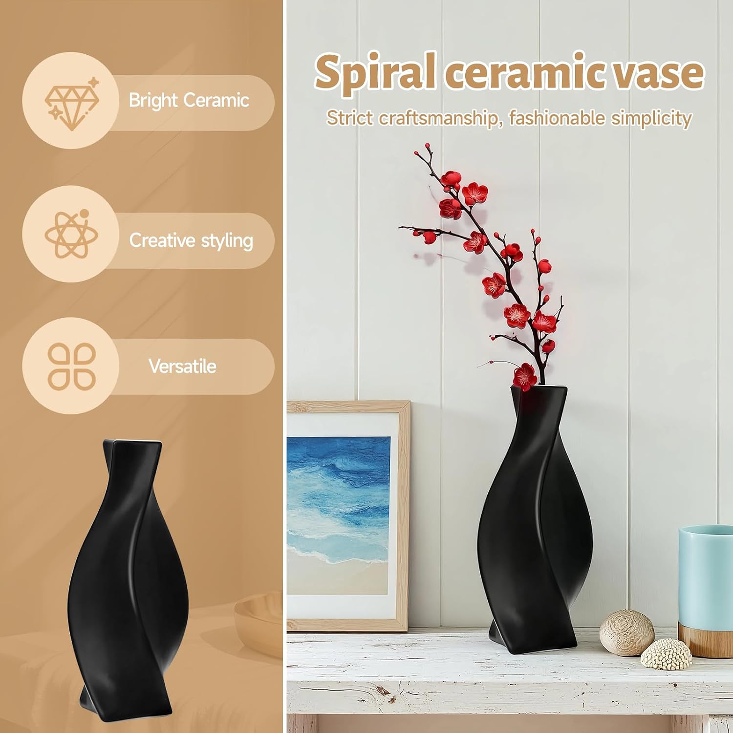 Black Ceramic Vase with Matte Finish – Stylish Watertight Decorative Vase for Fresh or Dried Flowers, Ideal for Home Décor, Table Centerpieces, Weddings, Dining Room, Living Room, or Office