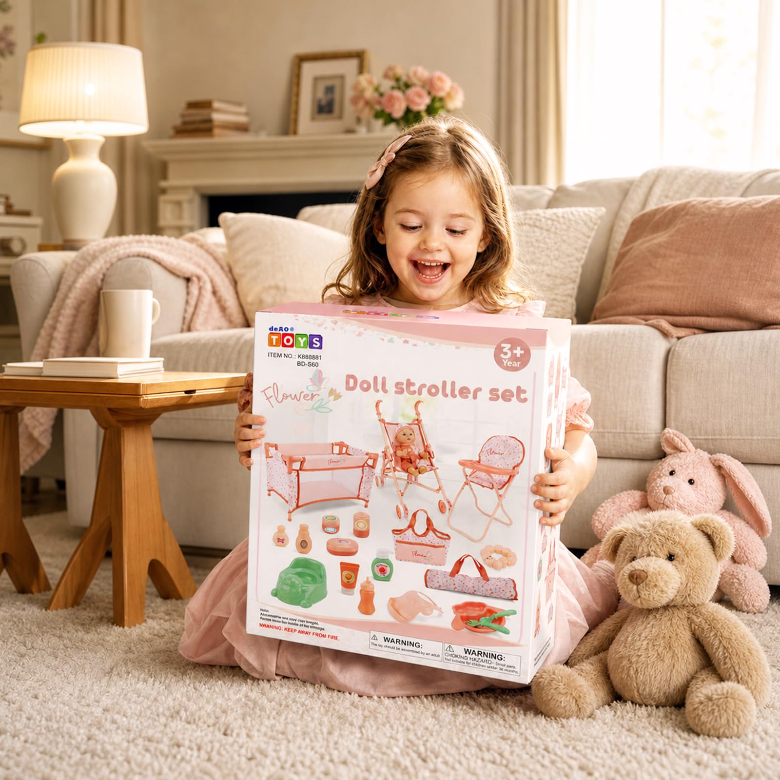 deAO Set Passeggino e Accessori per Bambole, Giochi di Ruolo Giocattoli | Bambole 30cm, Lettino, Seggiolone, Sacco Trasporto, Pieghevole, Montaggio Senza Attrezzi, Regali per Ragazze di 3 Anni+