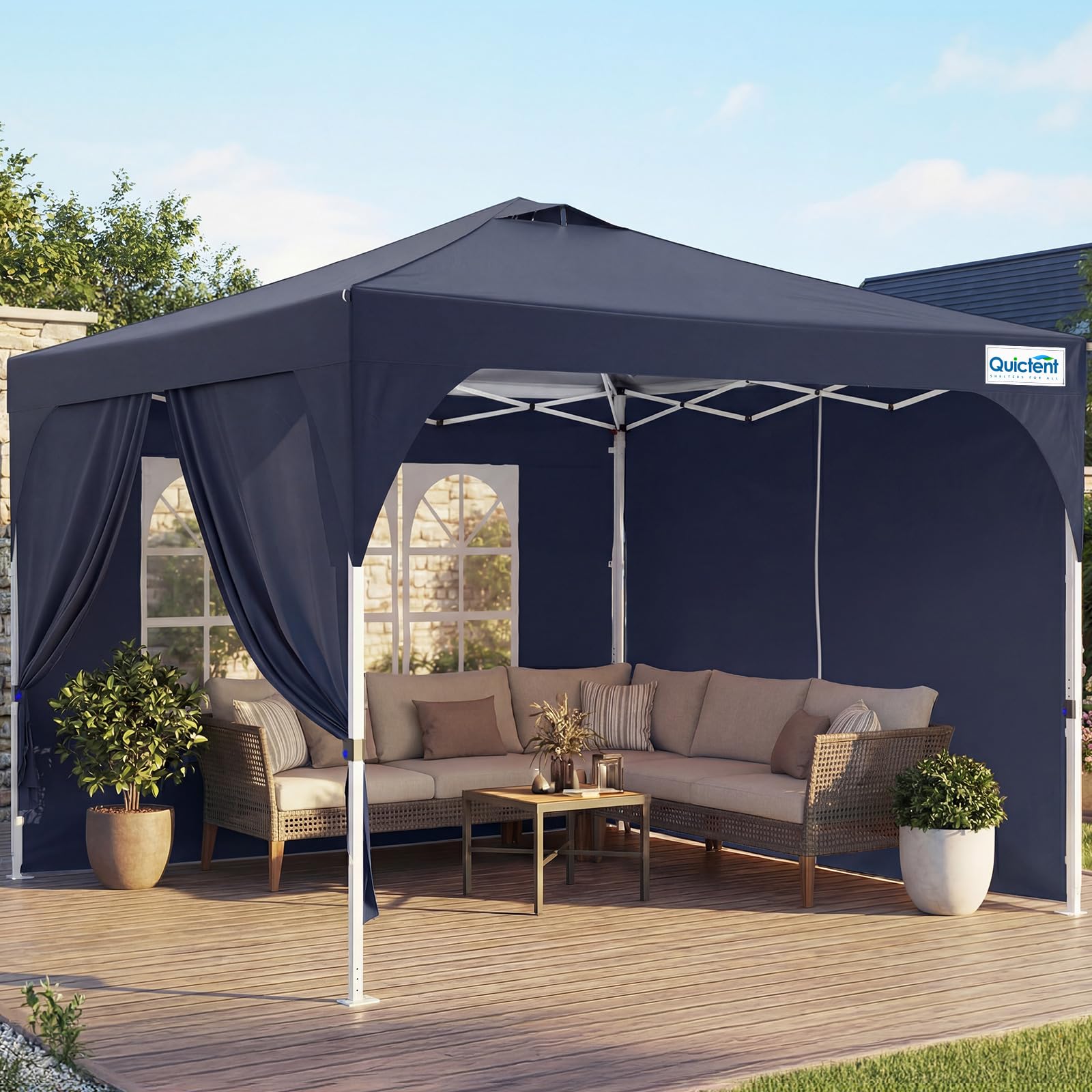 Quictent Carpa Plegable 3x3m con 3 Paredes Laterales Extraíbles, Tienda de Toldo con Cerradura Central, Refugio Portátil para Fiestas de Jardín y Camping, Azul Oscuro