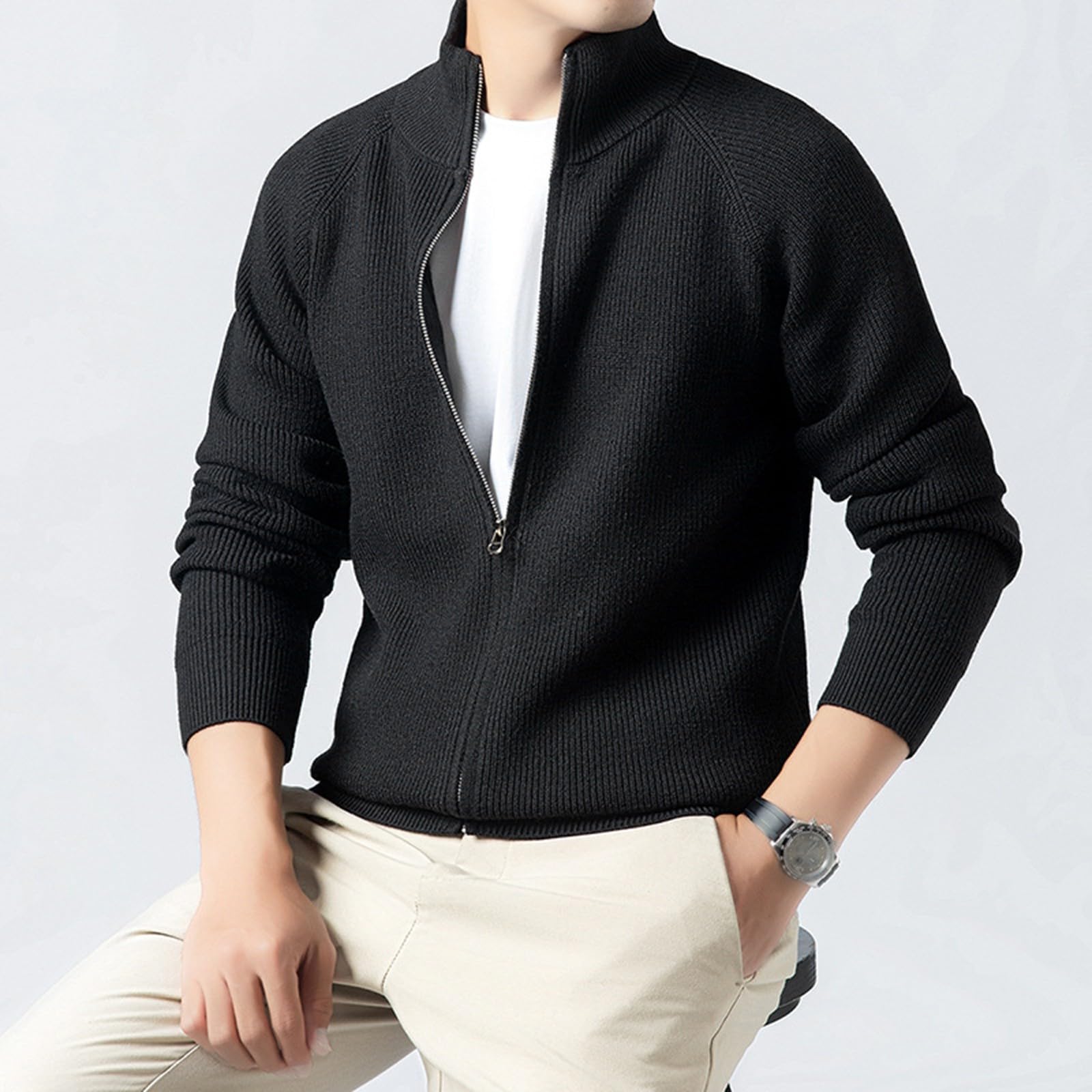 Jersey para hombre con cremallera completa, cuello alto, abrigo térmico de fácil cuidado, súper suave y cómodo, abrigos de manga larga, puños elásticos, plegable, ropa de punto de punto, ocio, golf
