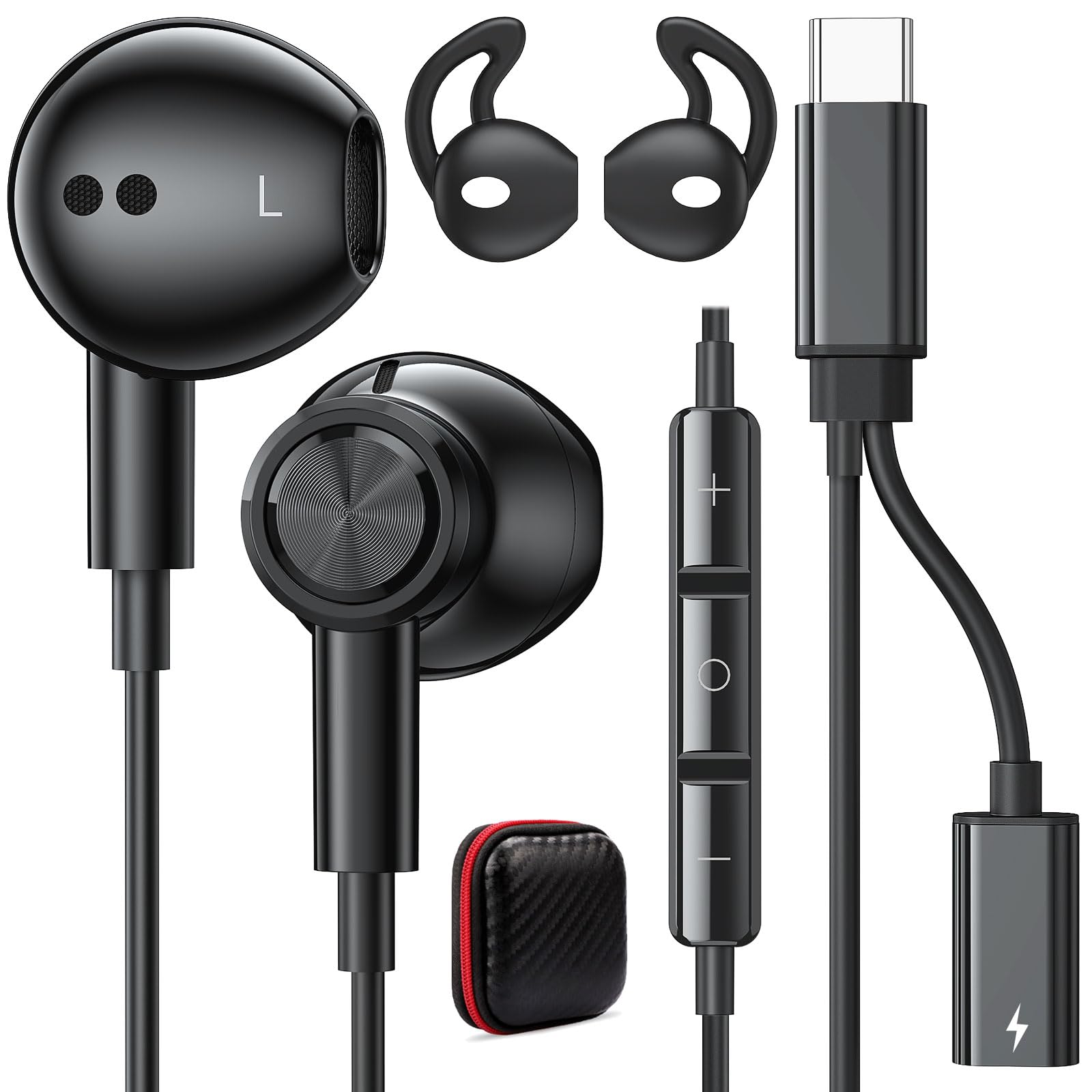 iMangoo USB C Headphones Semi in Ear Wired Earbuds with Charger Adapter