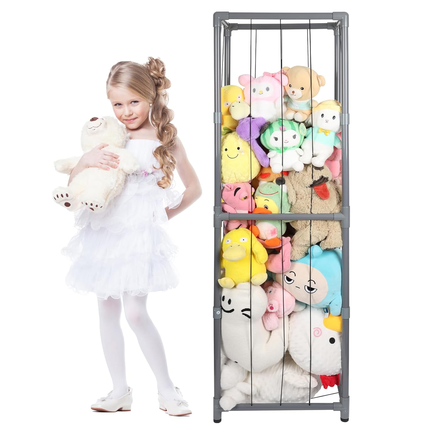 Stuffed Animal Storage Zoo Stuffed Animal Holder,Off-Ground and Space Save Vertical Stuffed Animals Organizer PVC with Elastic for Bedroom Playroom Nursery (Greyish Black, Large) Large Greyish Black