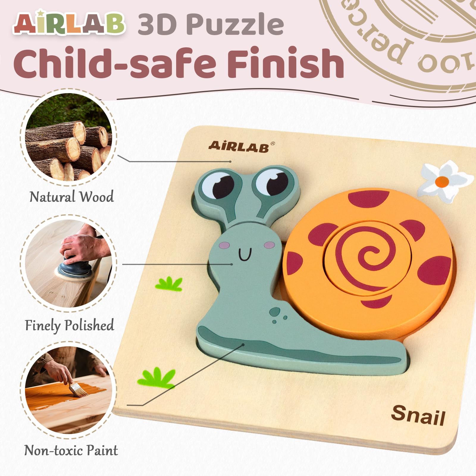 Airlab Puzzles Bois Bébé 1-4 Ans, Casse-têtes Jardin 3D avec Cadre et Sac, Jouet Éducatif Montessori