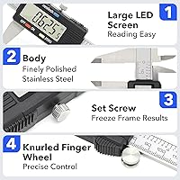 Vista 4 de Calibrador digital de medición precisa, Vizbrite calibrador electrónico de acero inoxidable de 6 pulgadas con nonio y pantalla LCD grande
