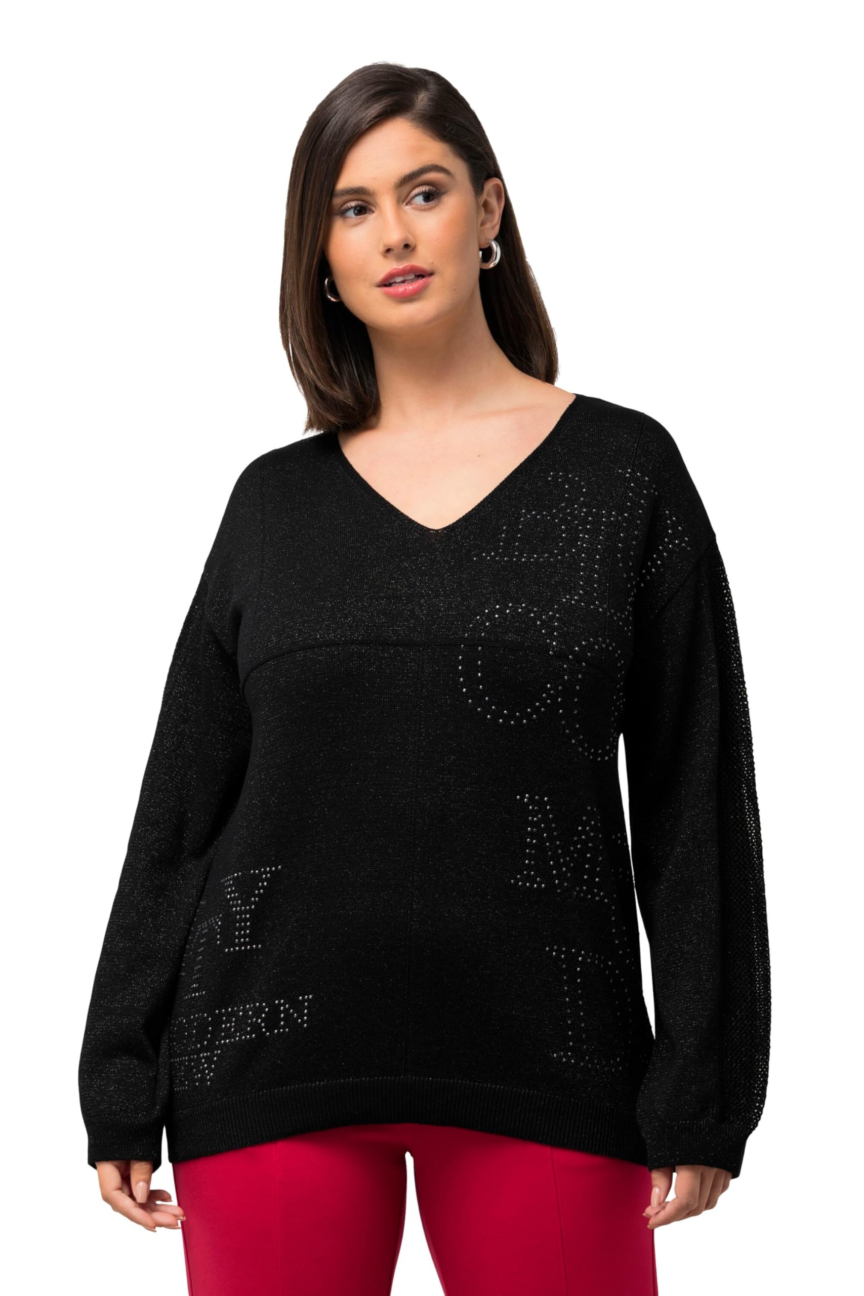 Ulla Popken Damen große Größen Übergrößen Plus Size Pullover, Ziersteine, V-Ausschnitt, Langarm 823721