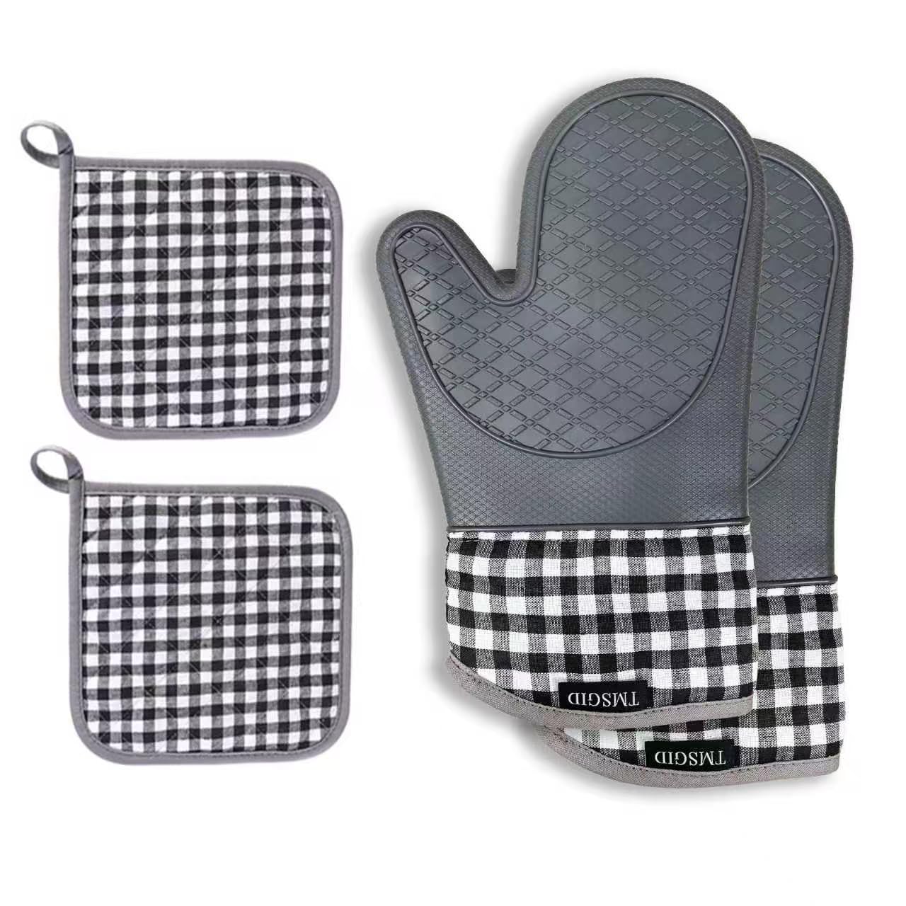 TMSGID Oven Mitts and Pot Holders 4pcs Set, Kitchen Oven Gloves, Heat-Resistant Baking Gloves, Non Slip Silicone Gloves for Cooking and Barbecue (Gray)