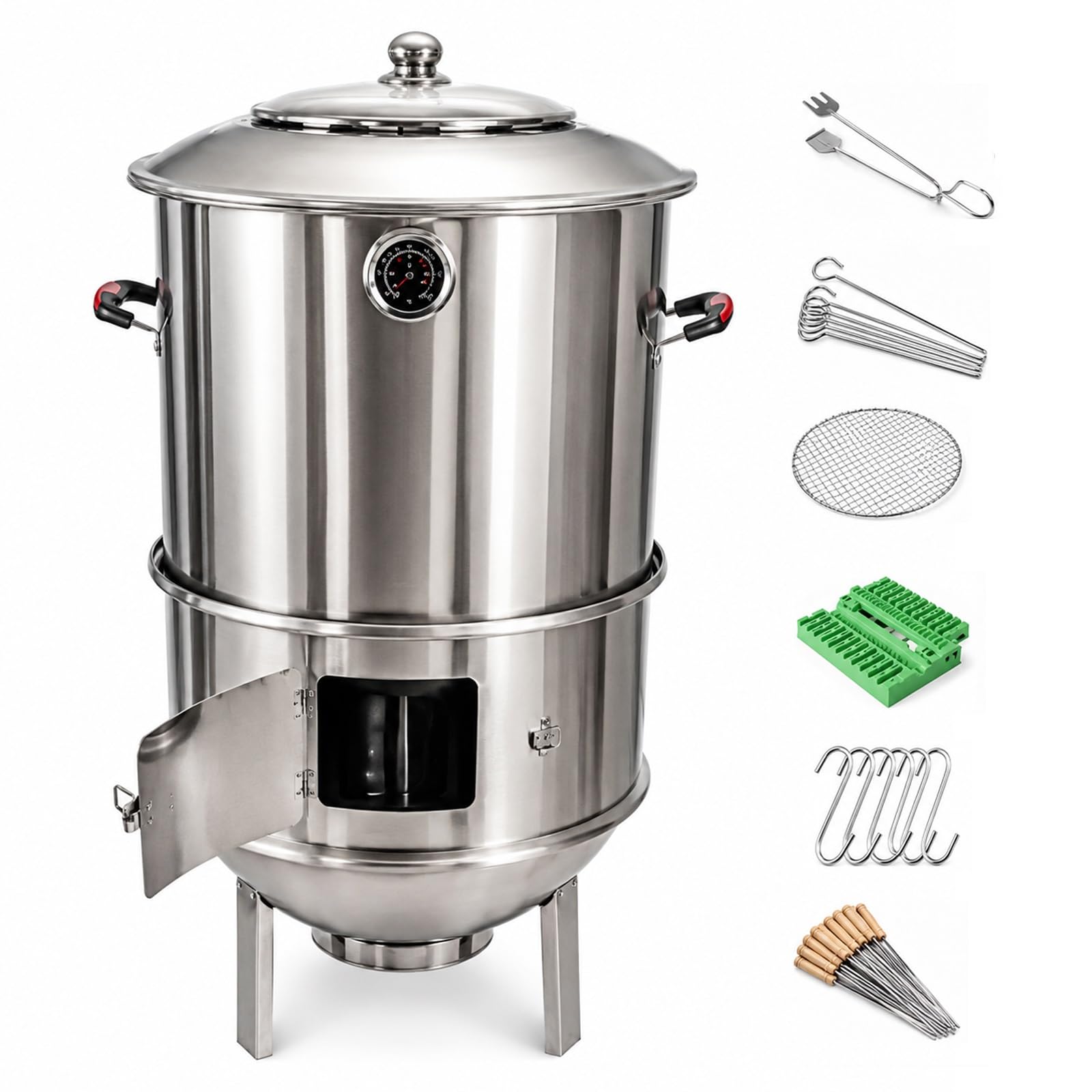 Pionowy grill na węgiel drzewny ze stali nierdzewnej, z termometrem, równomierne nagrzewanie 360°, wytrzymały grill na zewnątrz, na podwórko, kemping, tylne drzwi