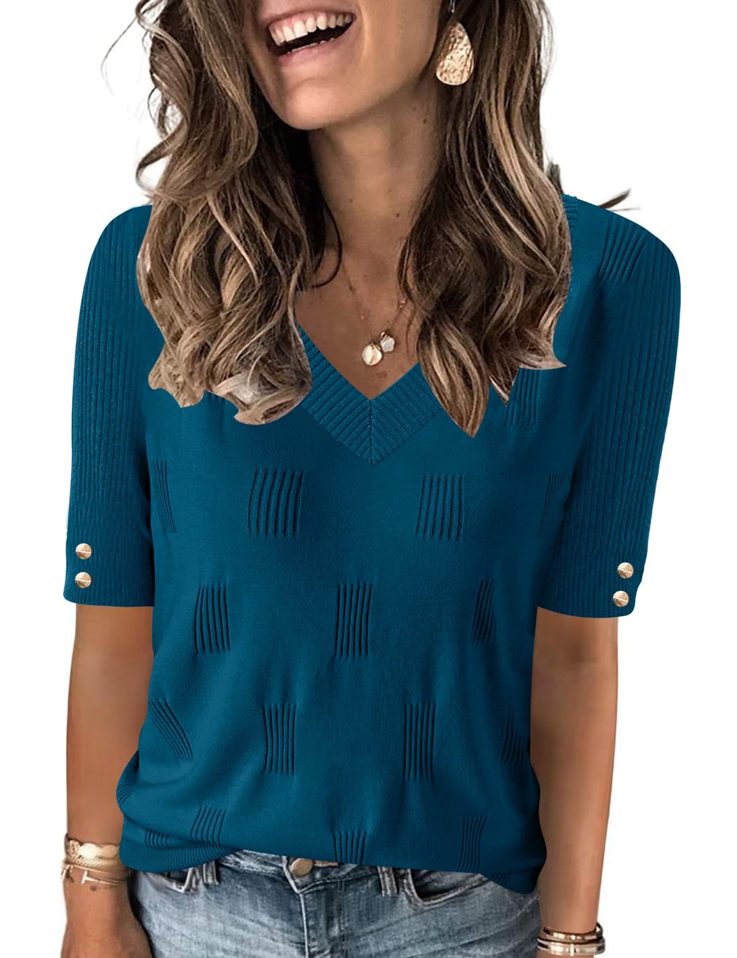 AKEWEI Womens V Neck Sweater Short Sleeve Lightweight Knit Spring Summer Tops with Decorative Buttons