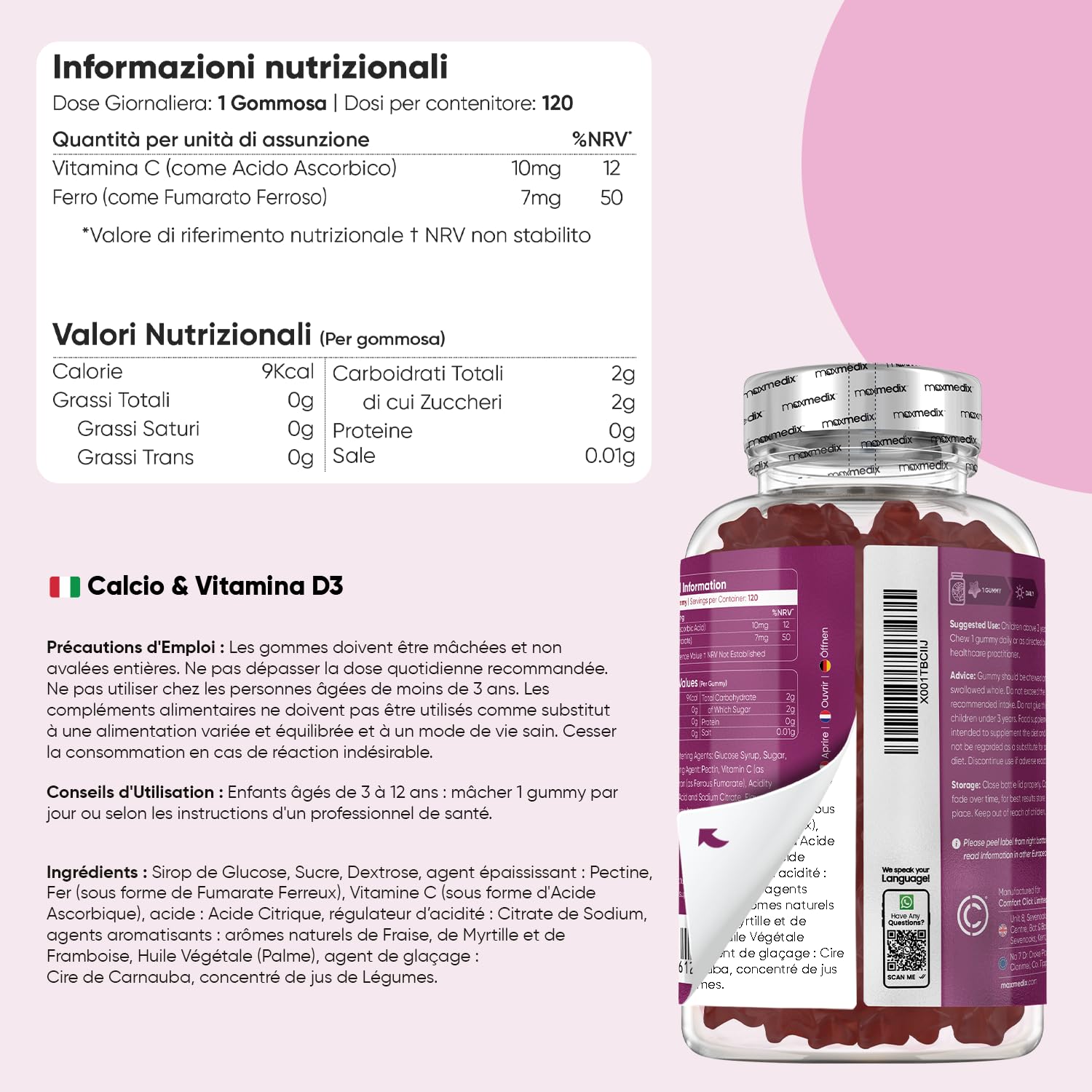 Vitamine Bambini con Omega 3-6-9, Ferro e Vitamina C, Calcio e Vitamina D3|Multivitaminico in Gommose, per Bambini dai 3 ai 12 anni, all'Aroma di Frutta, Integratore Alimentare Senza Glutine