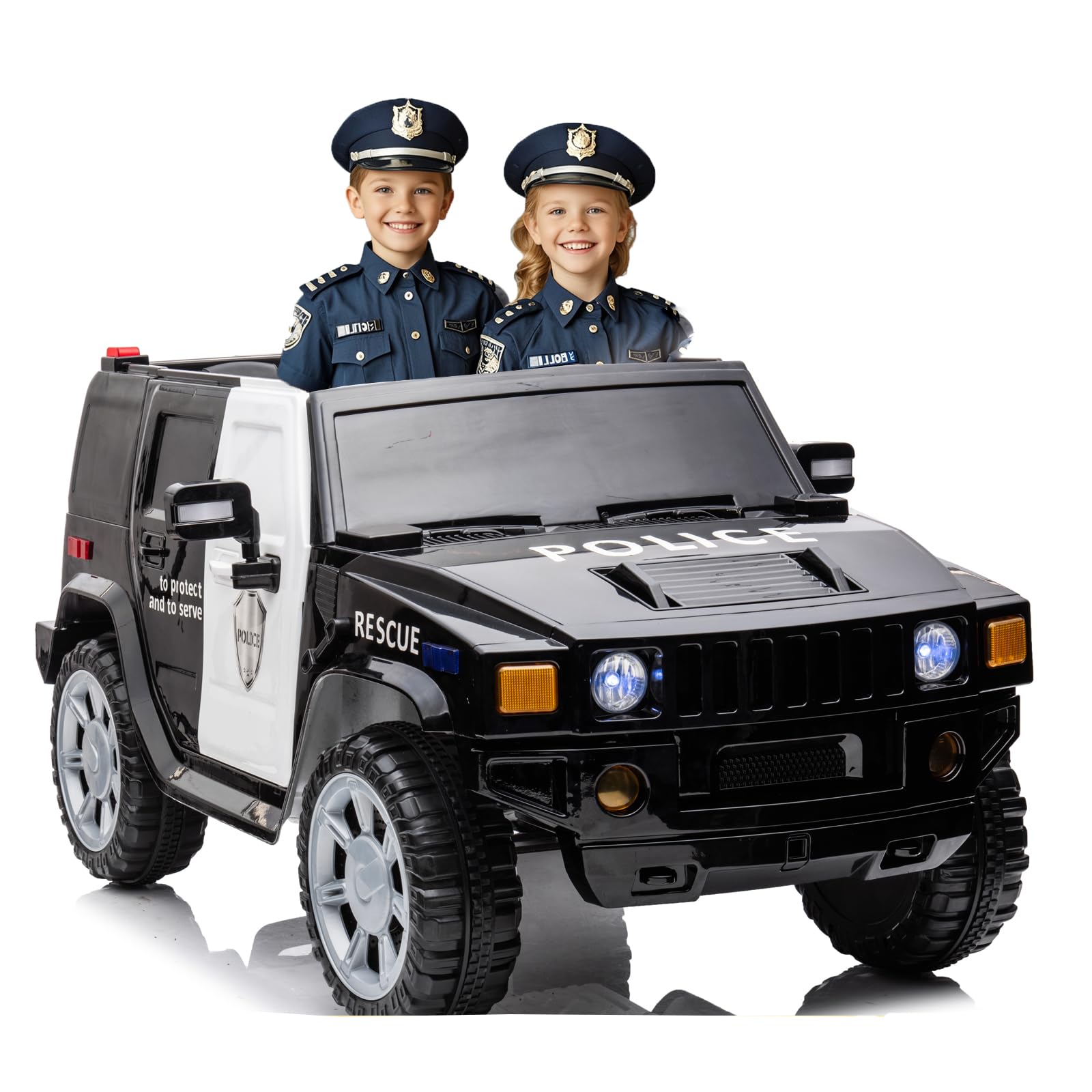 12V Battery Powered Ride-On Truck - 2-Seater Electric Car with 30W x 2 Motors, 5MPH Max Speed, Spring Suspension, LED Lights, Music, Simulation Alarm, Openable Doors for Boys & Girls. Police