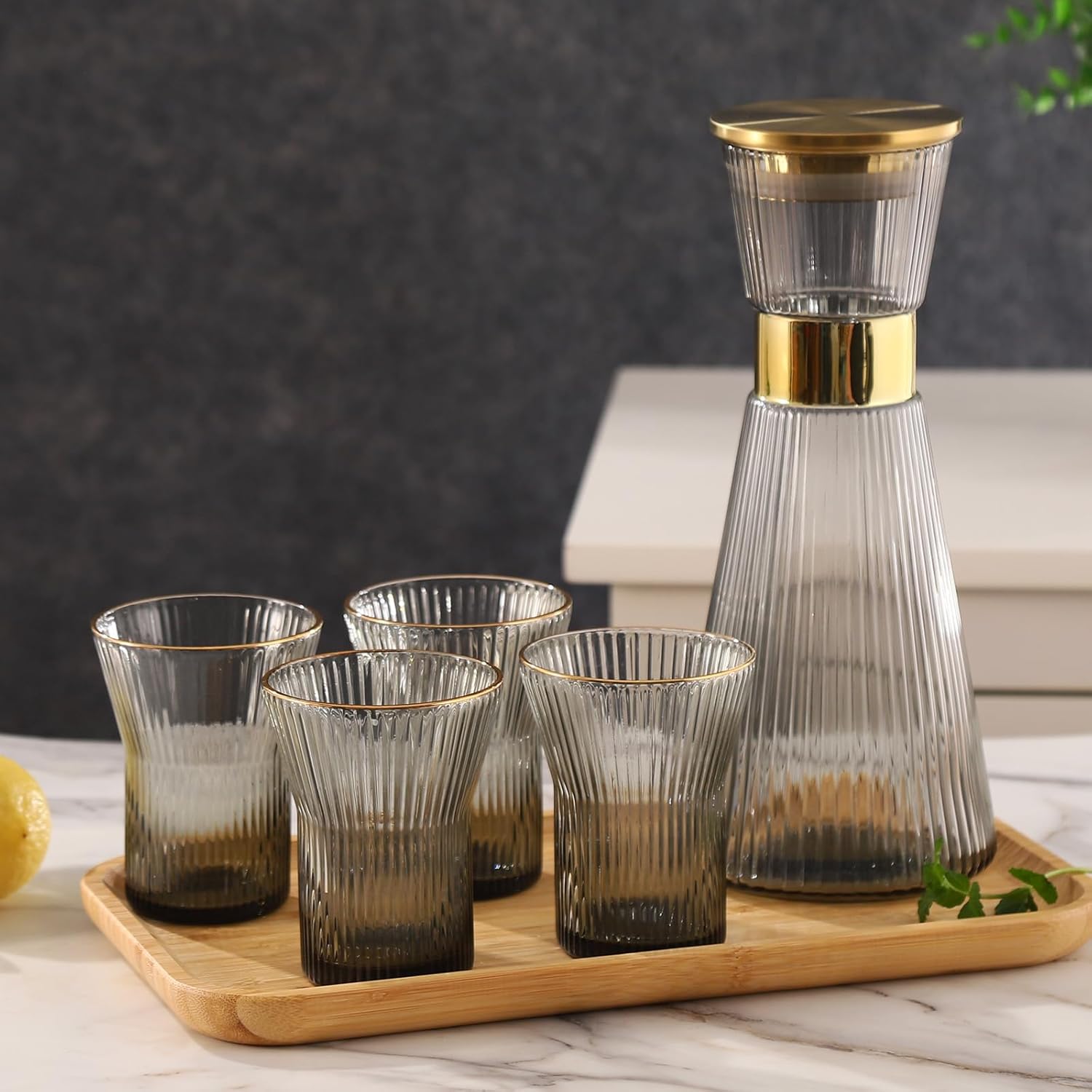 DUJUST Ribbed Black Glass Carafe Set, Elegant Water Carafes with Gold Decoration, 1 Crystal Glass Carafe with Golden Lid (44oz), 4 Cups & 1 Tray, with Thickened Bottom, Food-Grade Silicone, Leak-Proof