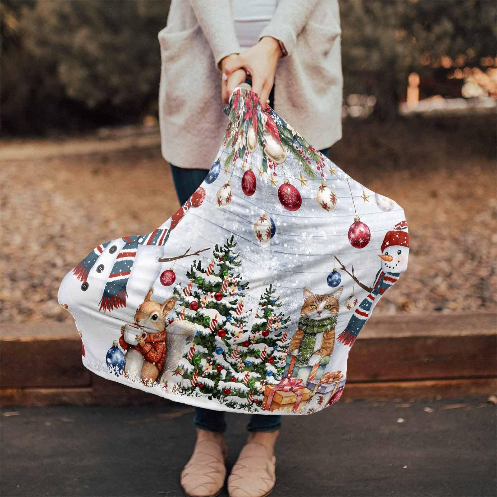Nursing Cover for Breastfeeding Scarf, Xmas Tree Poinsettia Snowflakes Snowman Squirrel Cat Baby Car Covers Super Soft Multi Use for Canopy Shopping Cart Cover Blanket Stroller Cover