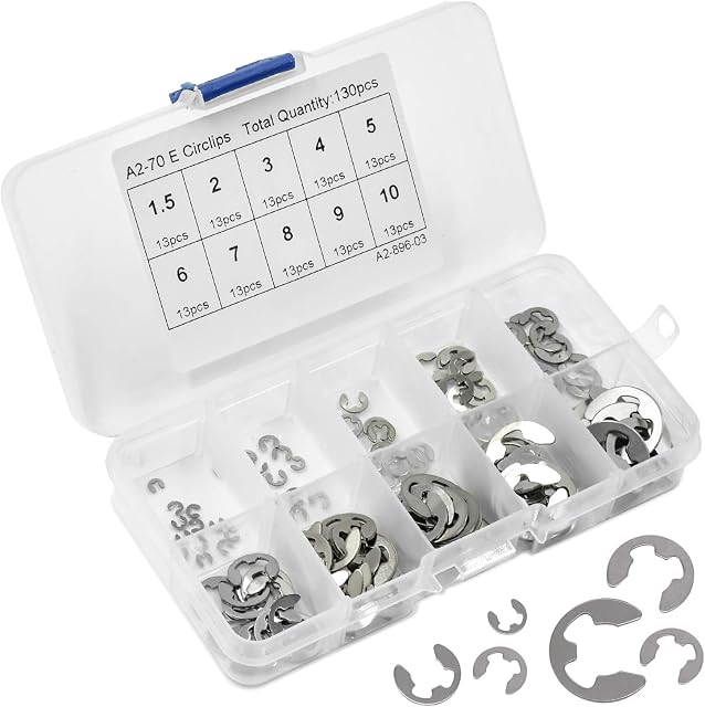 cococity 130PCS Stainless Steel E-Clip External Retaining Ring Snap Internal Circlip Ring Assortment Kit M1.5/2/3/4/5/6/7/8/9/10 with Plastic Box