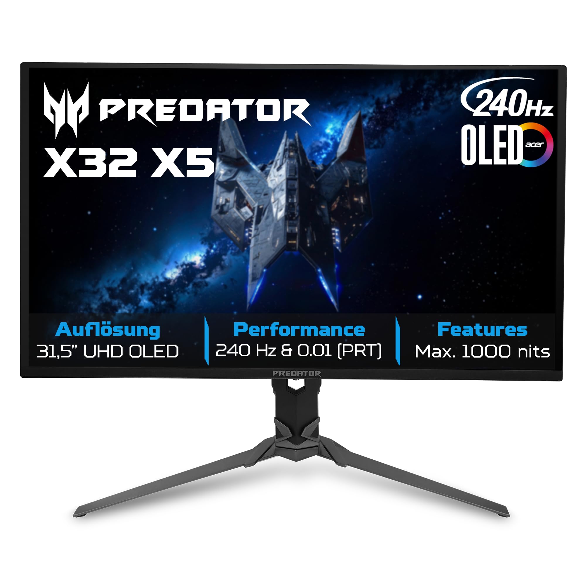 acer Predator X32X5 Gaming Monitor 31.5 Zoll (80 cm Bildschirm) 4K (UHD), QD-OLED, 240Hz, 0.01ms(PRT)/0.03ms(GTG), 2xHDMI 2.1, DP 1.4, USB-C, USB HUB, FreeSync Premium Pro, HDR, höhenverstellbar