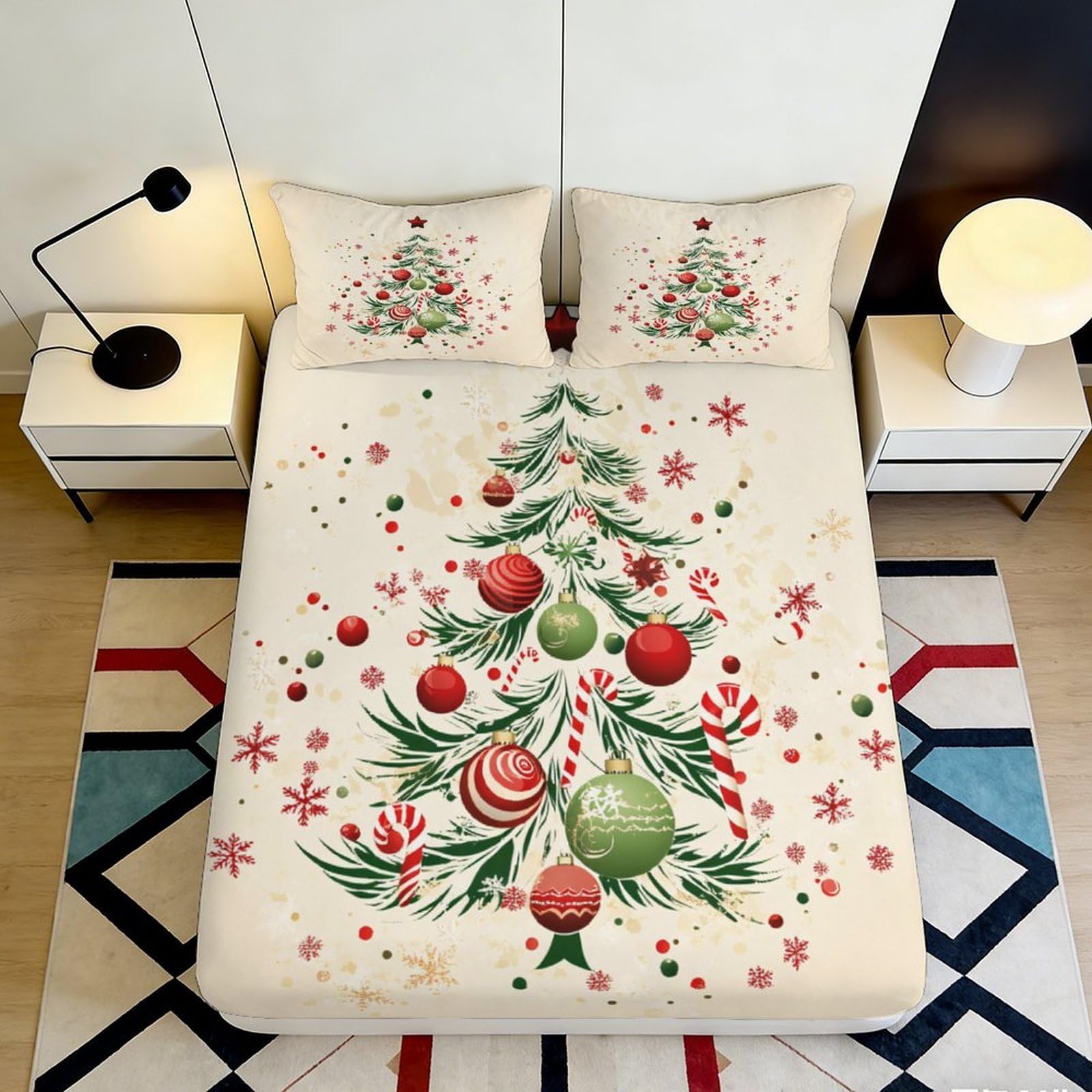 3D Printed Christmas Tree Fitted Sheet Microfiber Soft Breathable Holiday Ornament Bed Cover for Bedroom Dormitory Guest Room Mattress Protection 180x200x25cm