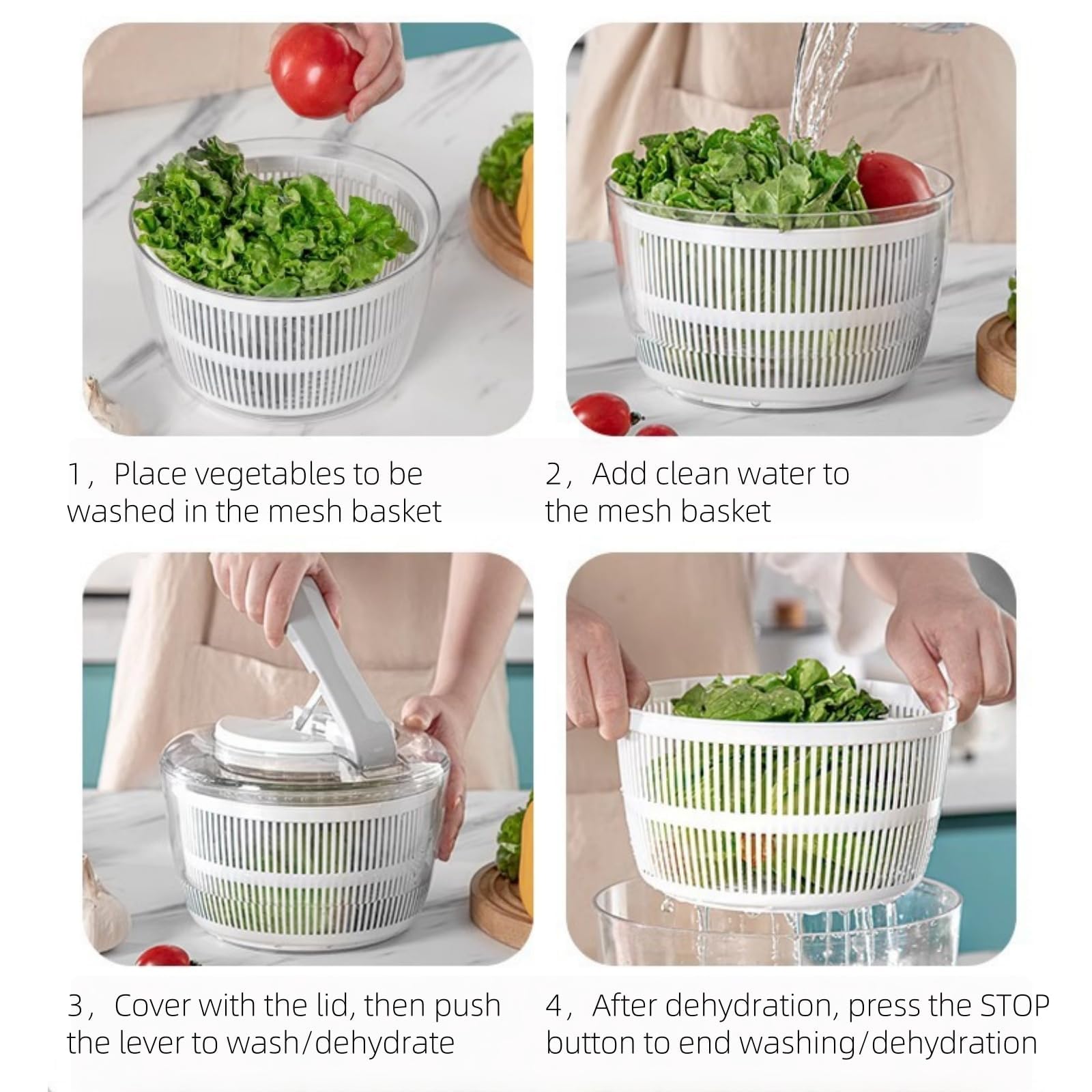 Salatschleuder und Tosser mit Druckknopf – auslaufsicherer Doppelkorb für frisches Grün, Salat, Beeren, Kräuter – einfaches Drehen und Werfen für schnelles Trocknen – lebensmittelechter Mixer und