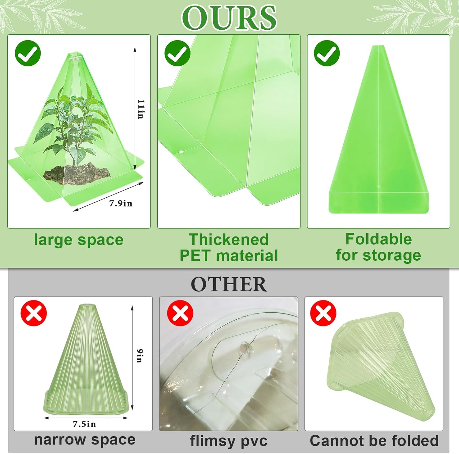 Garden Cloches, 30 Pack Plastic Small Plant Seedling Protector, Reusable Green Clear Bell Covers with 60p Ground Securing Peg, 7.8" x 11" Green Mini Greenhouse to Protect Plants from Birds, Slugs, Sun