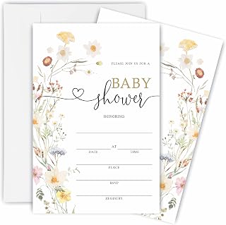 TPYEN Boho Wild Flower Baby Shower Invitations, Baby Shower Fill-In Invitation Cards With Envelopes - Gender Reveal Party Decorations & Supplies-B02