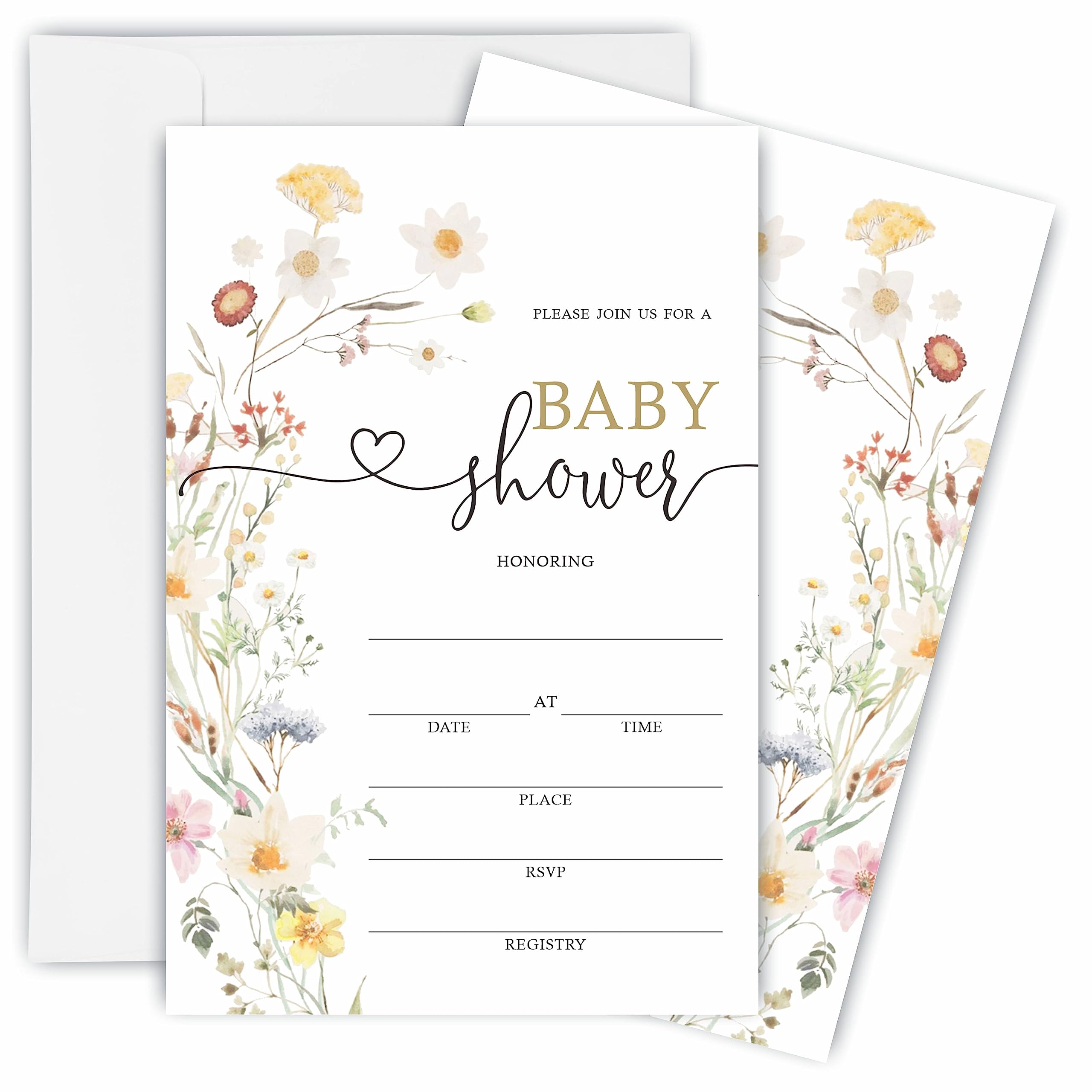 TPYEN Boho Wild Flower Baby Shower Invitations, Baby Shower Fill-In Invitation Cards With Envelopes - Gender Reveal Party Decorations & Supplies-B02