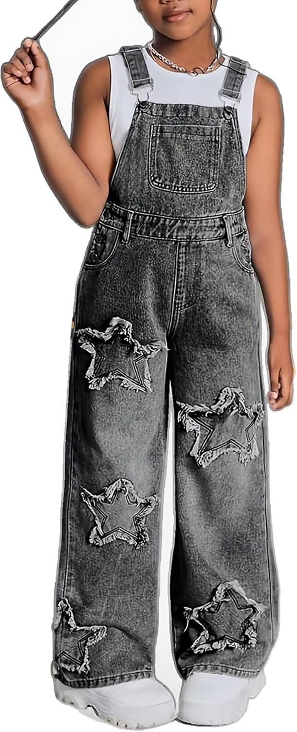 Girl's Wide Leg Denim Overalls Star Patchwork Adjustable Straps Baggy Jean Jumpsuits