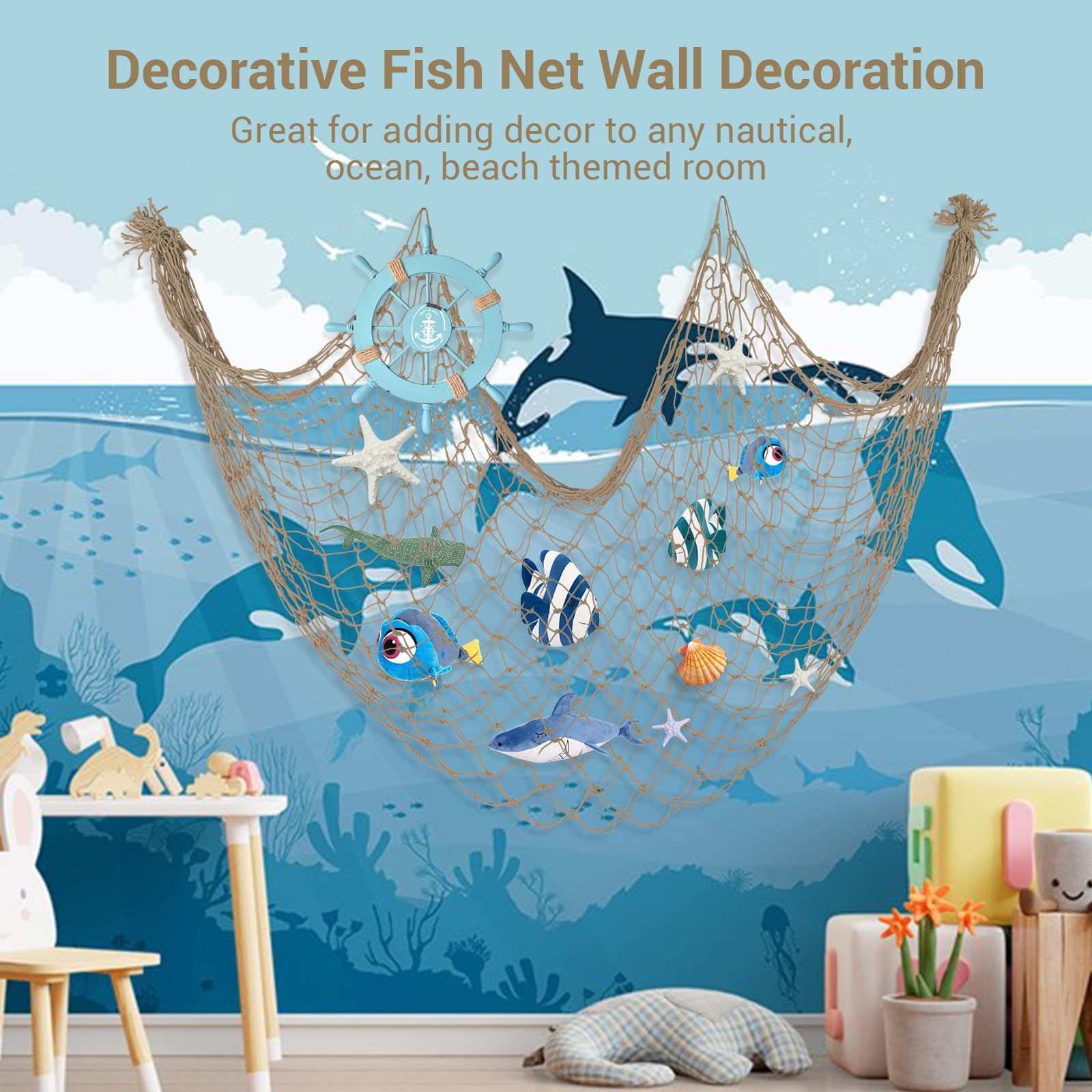 2 Pack Fish Net Decorations, 80x40 Inch Brown Fishing Net Decor for Party